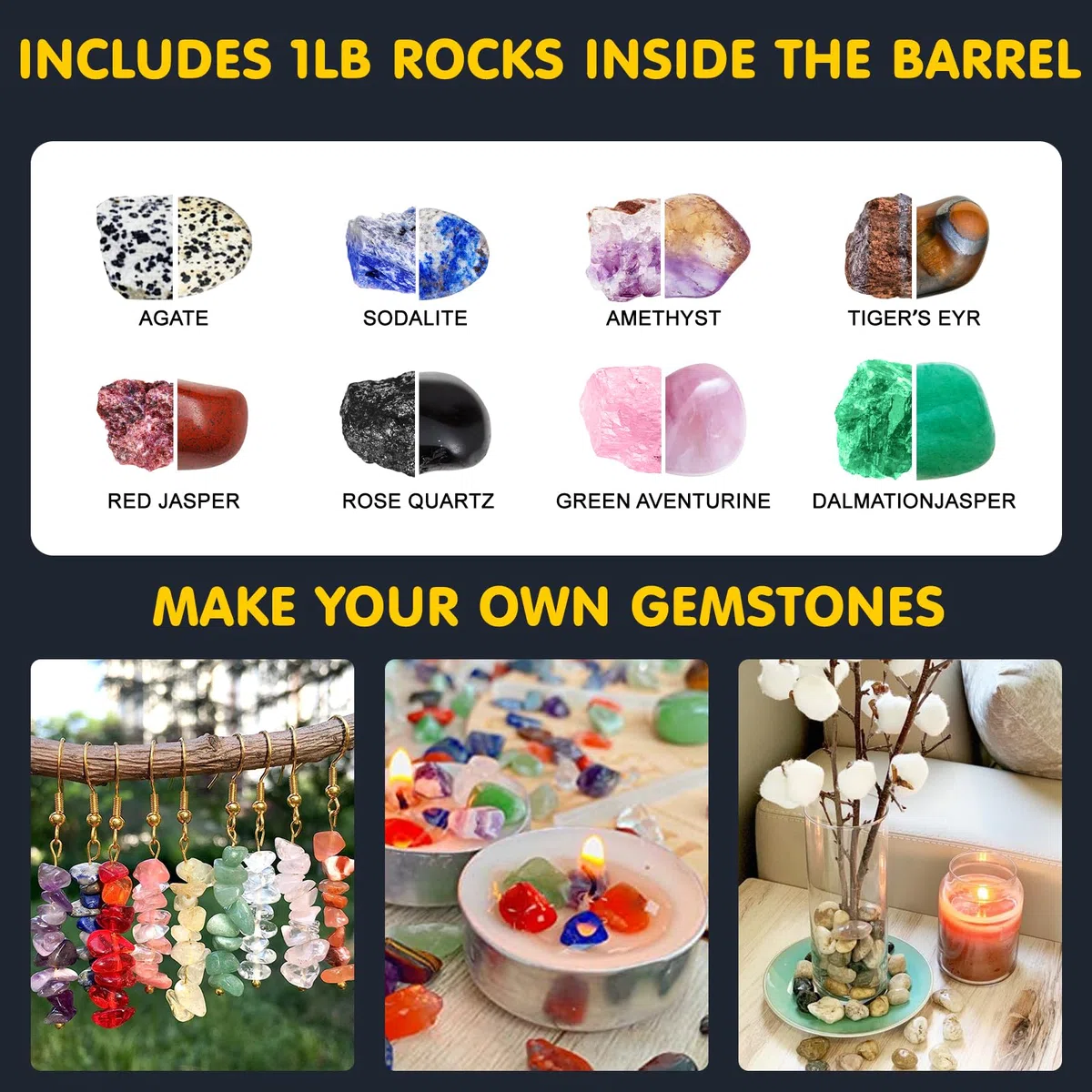 Professionelles Rock-Becher-Set, großes 1,1 kg Barrel Rocks Tumbler-Set, wissenschaftliches Geschenk für Kinder und Erwachsene, 9-Tage-Timer und 3-Gang-Motor, inklusive Steinen, Körnungen und