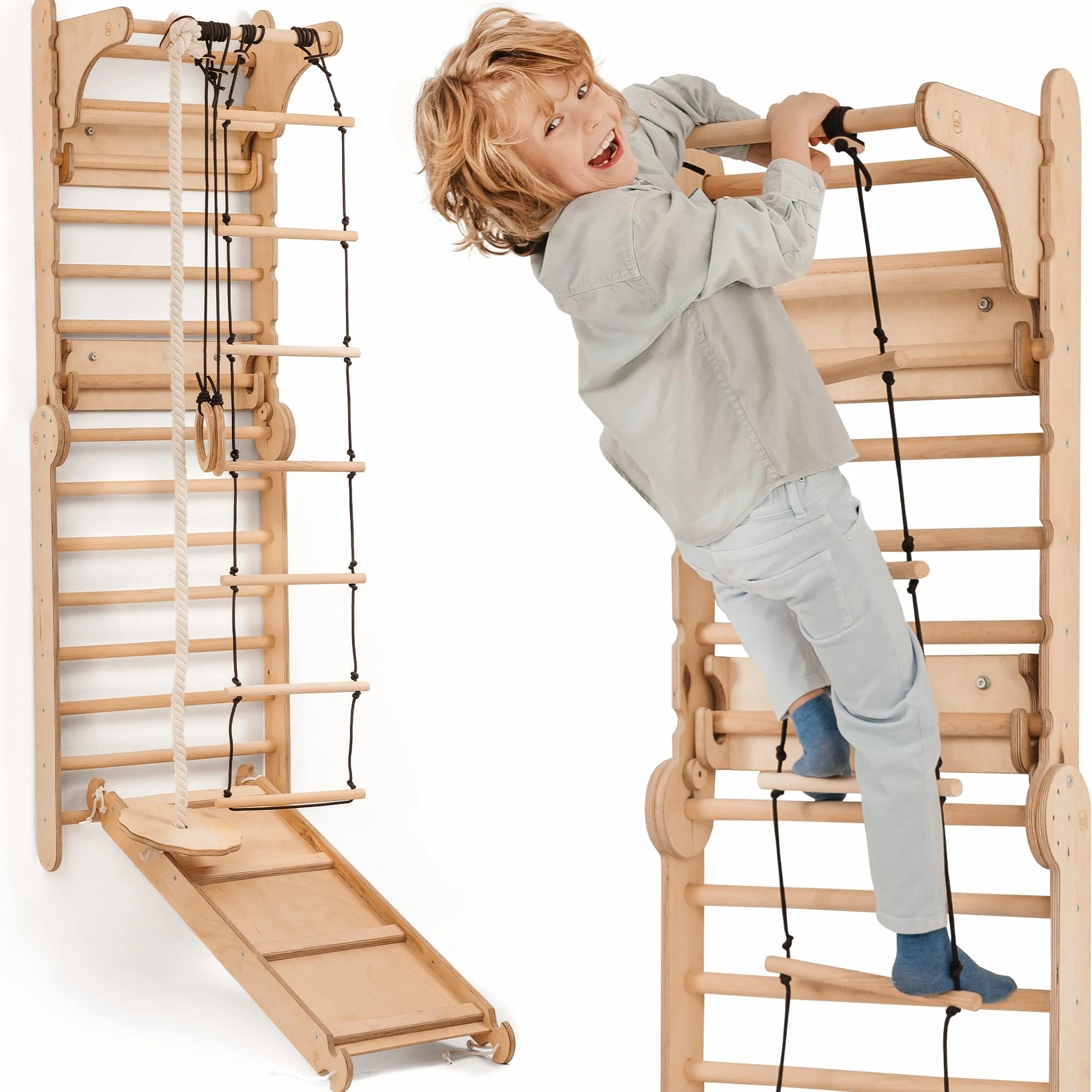 Goodevas Holz Indoor Klettergerüst für Kinder – Montessori Kletterrahmen mit Schwedenwand, Rutsche & Dreieckleiter für Kleinkinder und Kinder 2–12 Jahre