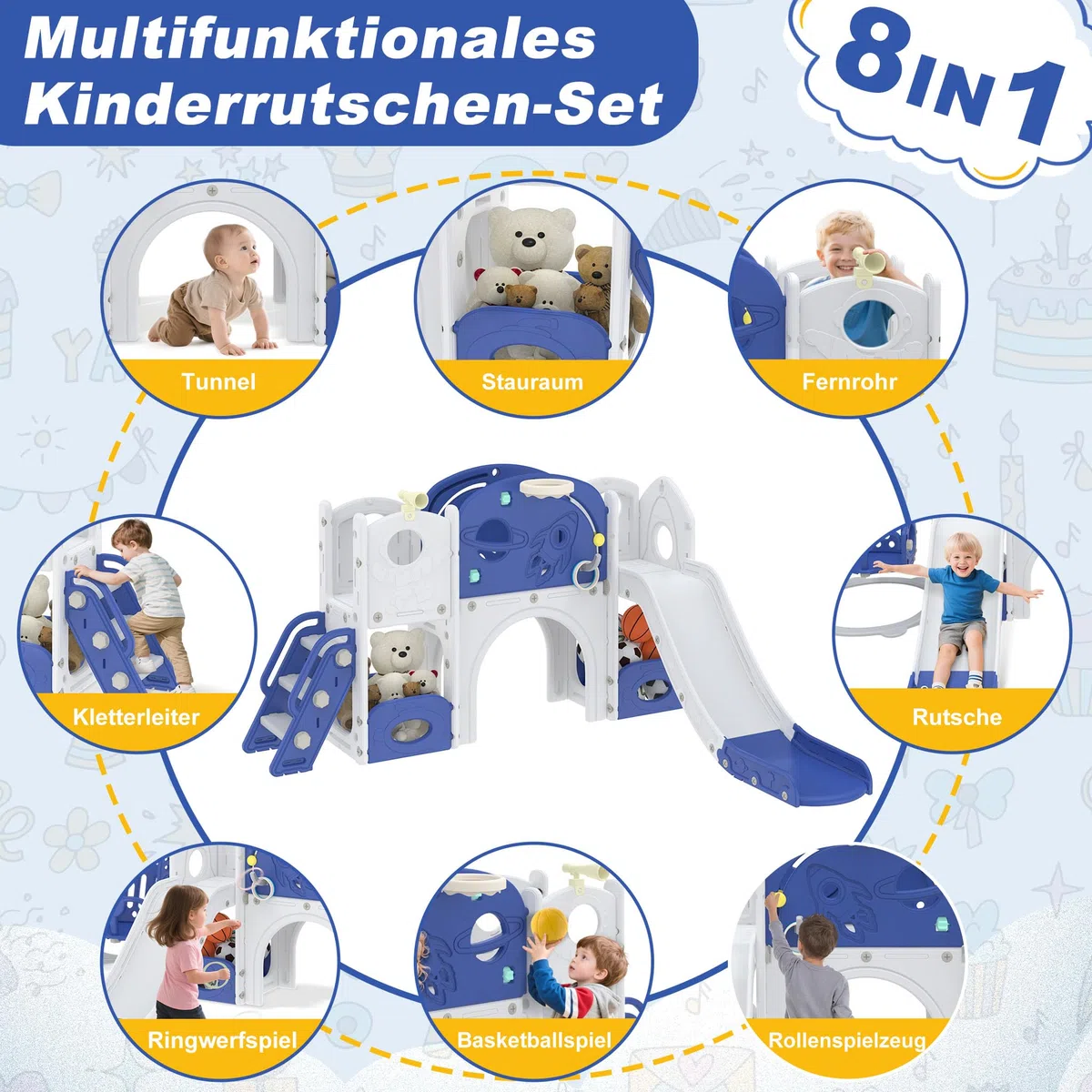 Aufun 5-in-1 Kinderrutsche für Kleinkinder, Multifunktionales Spielset mit Rutsche, Basketballkorb, Tunnel, Stauraum, Kletterleiter, Werkzeugfreie Montage, Stabil Freistehenderutsche Spielzeug