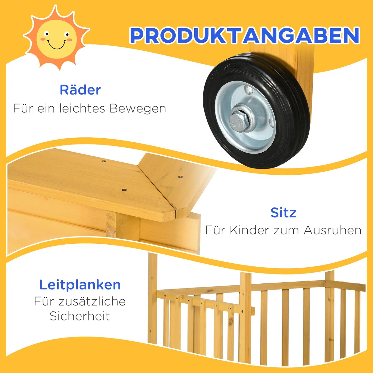 Outsunny Sandkasten mit Dach, Sandkiste aus Holz mit Spielhaus, 133 x 129 x 137,5 cm Sandbox mit Rollen für 3-8 Jahre Kinder, Garten, Natur
