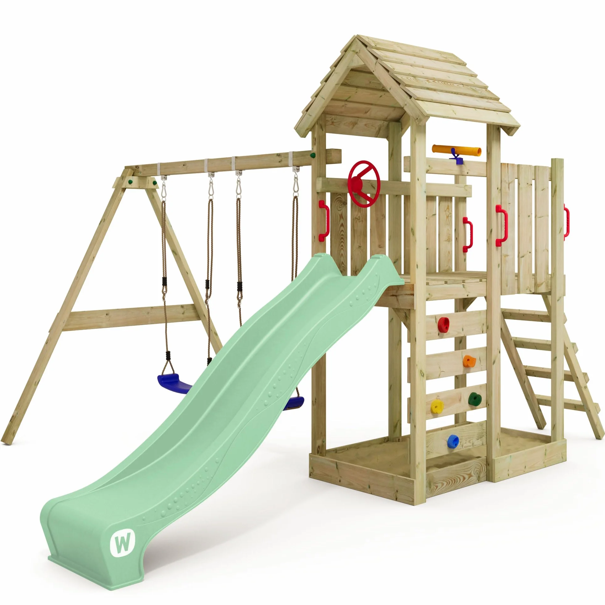 WICKEY Spielturm Klettergerüst MultiFlyer mit Holzdach, Schaukel & pastellgrüner Rutsche, Outdoor Kinder Kletterturm mit Sandkasten, Leiter & Spiel-Zubehör für den Garten