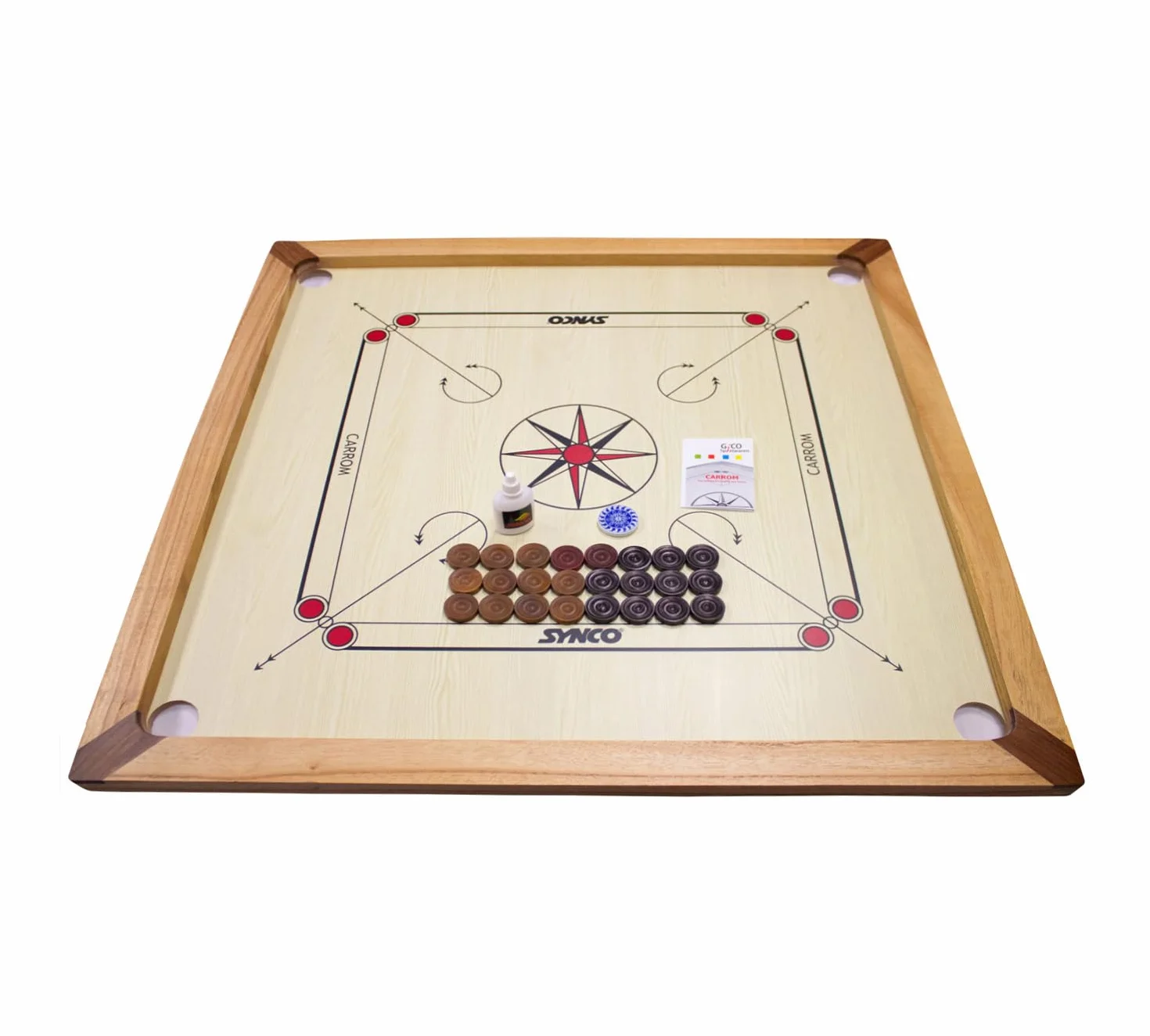 Carrom Board Turnier Synco 74x74 - Top Carrom Board mit komplettem Zubehör, Transporttasche und Gleitpulver - 2983