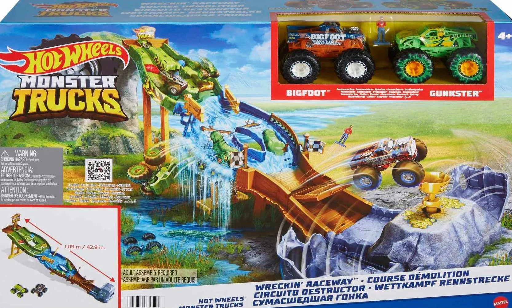 Hot Wheels HJG32 - Monster Trucks Rennstrecke Spielset mit den Monster Trucks Bigfoot und Gunkster für Kopf-an-Kopf-Rennen, Autospielzeuge für Kinder ab 4 Jahren