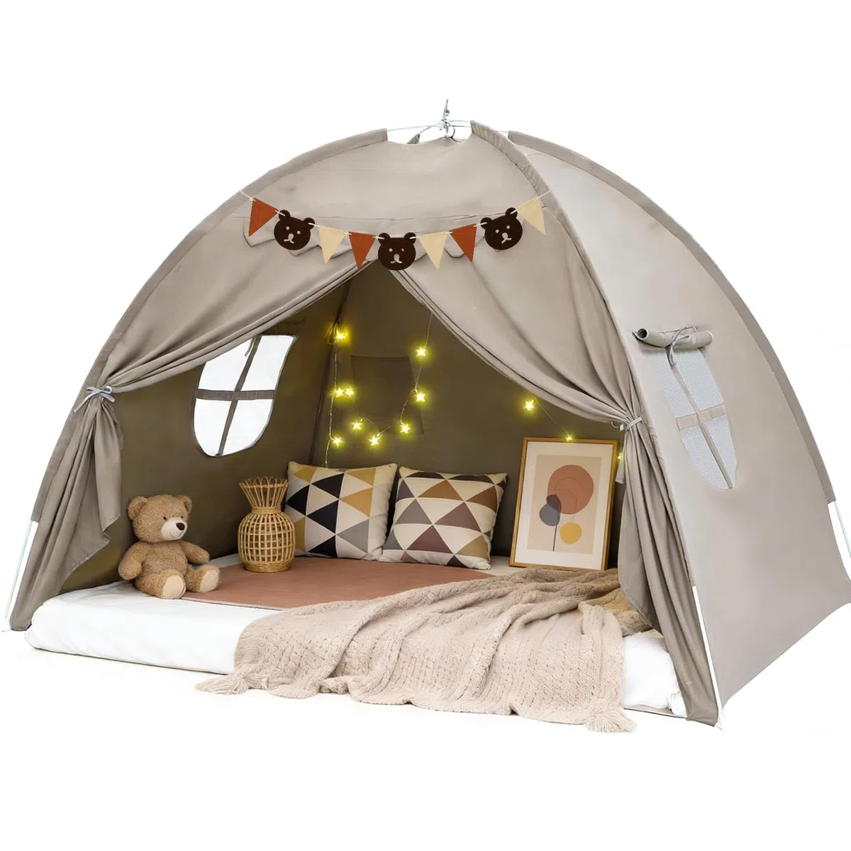 Kinderzelt Indoor Spielzelt Kinder Groß, 195 X 98 X 125 cm Kinderzimmer Spielhaus mit 2 Fenstern, Lichtkette & Fahnen, Maschinenwaschbar, für Spielzimmer, Party, Schneller Aufbau (Grau)