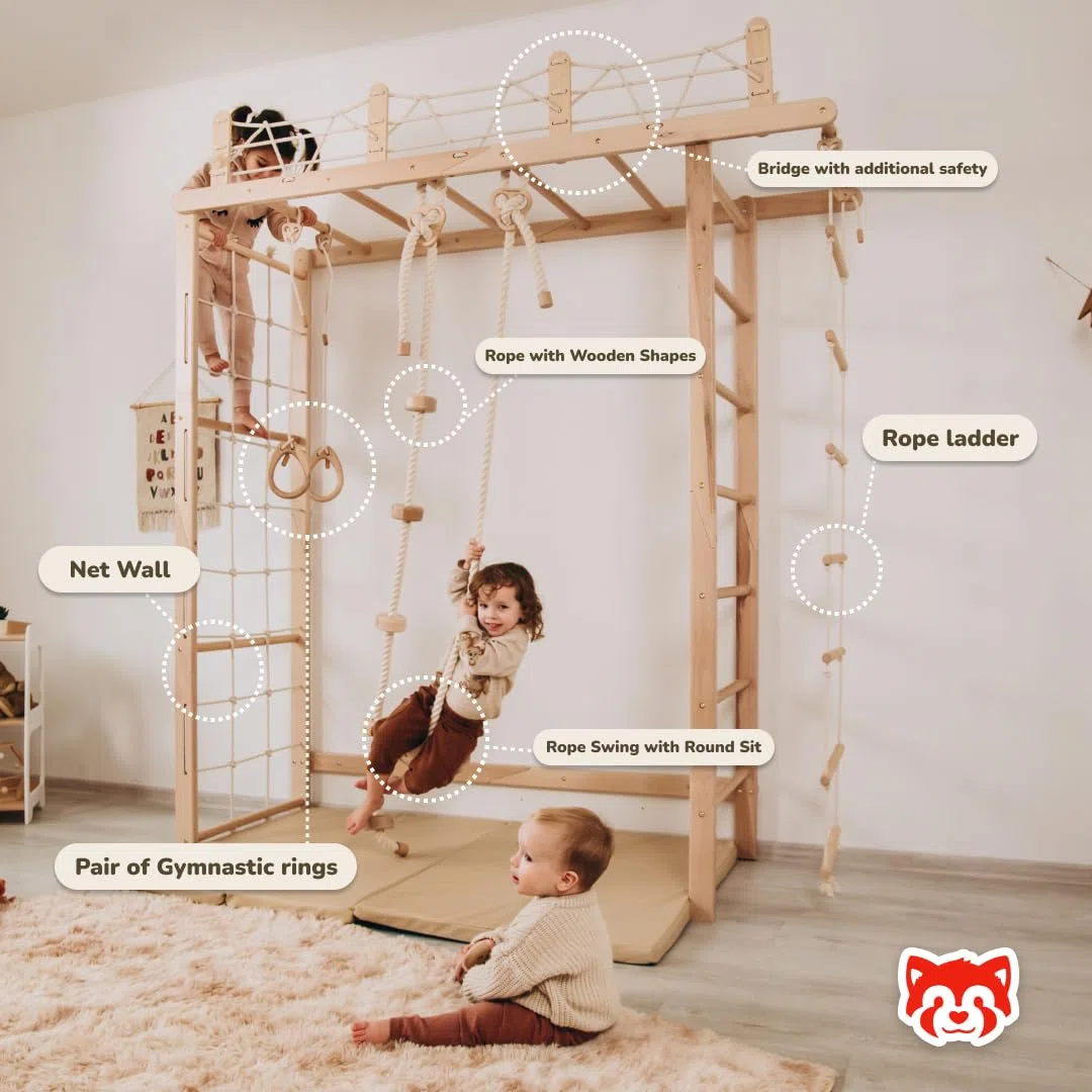 Wood And Hearts Riesige Brücke Schwedische Leiter, sprossenwand, kletterwand kinderzimmer, turnringe, sprossenwand kinderzimmer, Indoor Spielplatz, kletterwand (Natürliche Holzfarbe)