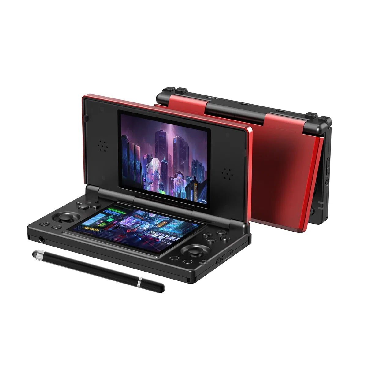 RG DS Retro Handheld Spielkonsole, 4" IPS-Klappdisplay Zwei Bildschirmen Android 14 System Videospielkonsole mit Hall Switch & Stiftbedienung, Geschenk für Gaming Fans (RG DS-Rot-Schwarz-Neu)