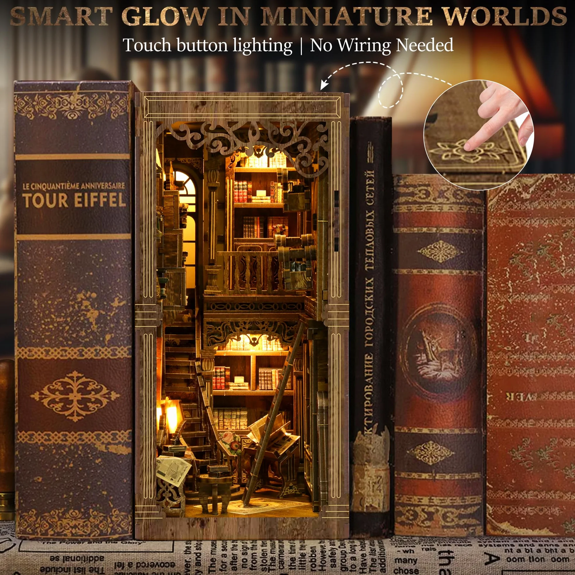 Book Nook Kit für Erwachsene - CRIOLPO DIY Miniatur Haus Holzpuzzle 3D Puppenhaus - Buchstütze für Bücherregal Deko mit Led Licht Kreatives Geschenk für Leser