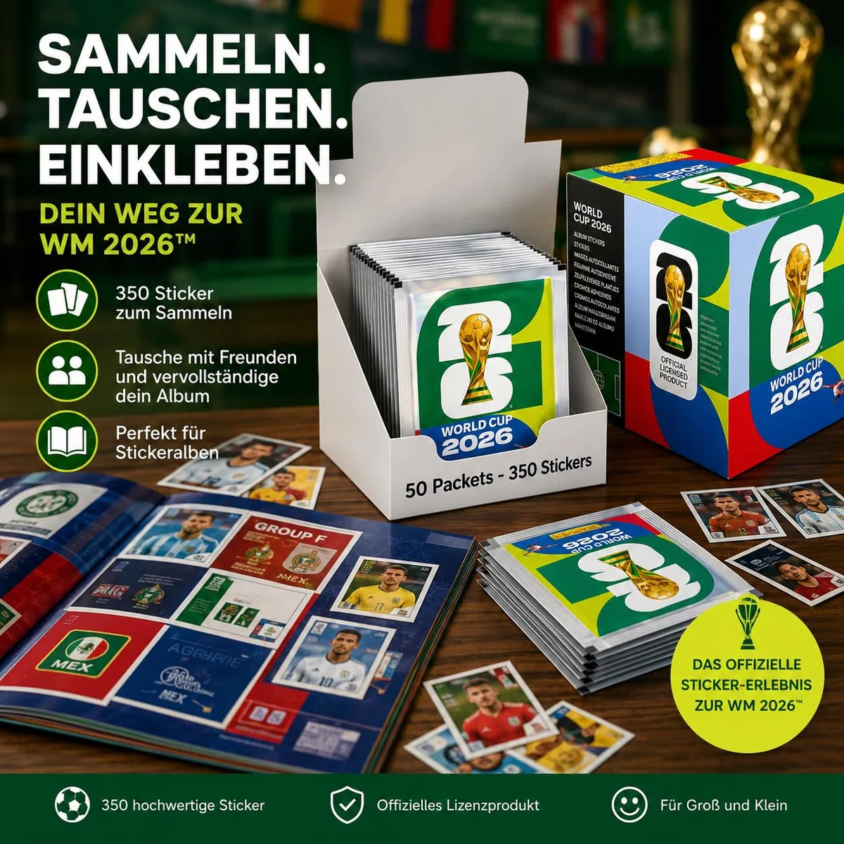 Fußball Sticker 2026, Box mit 50 Stickertüten, 350 Stickern zum Sammeln und Tauschen, Geschenkidee für Fußballfans und Sammler