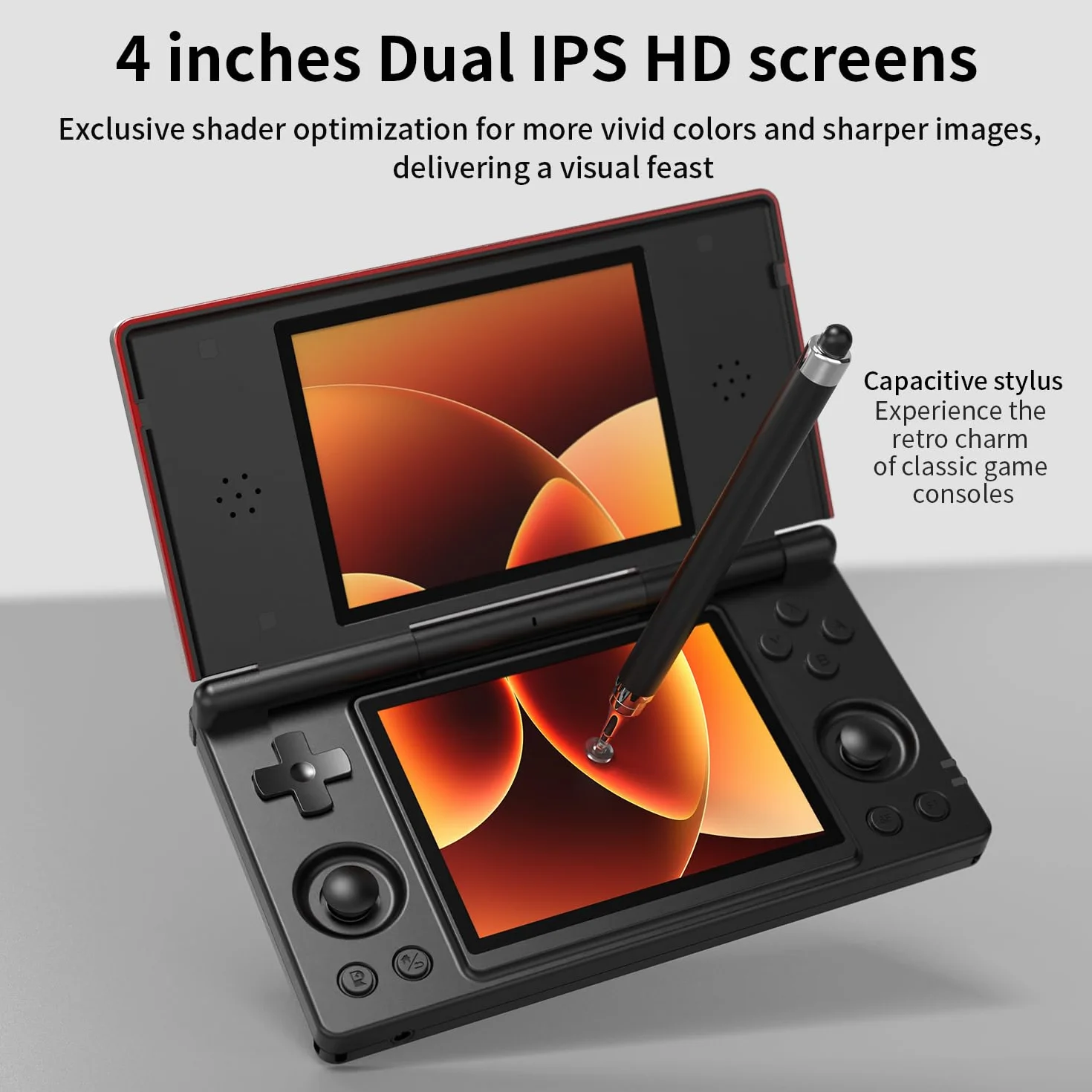 RG DS Retro Handheld Spielkonsole, 4" IPS-Klappdisplay Zwei Bildschirmen Android 14 System Videospielkonsole mit Hall Switch & Stiftbedienung, Geschenk für Gaming Fans (RG DS-Rot-Schwarz-Neu)