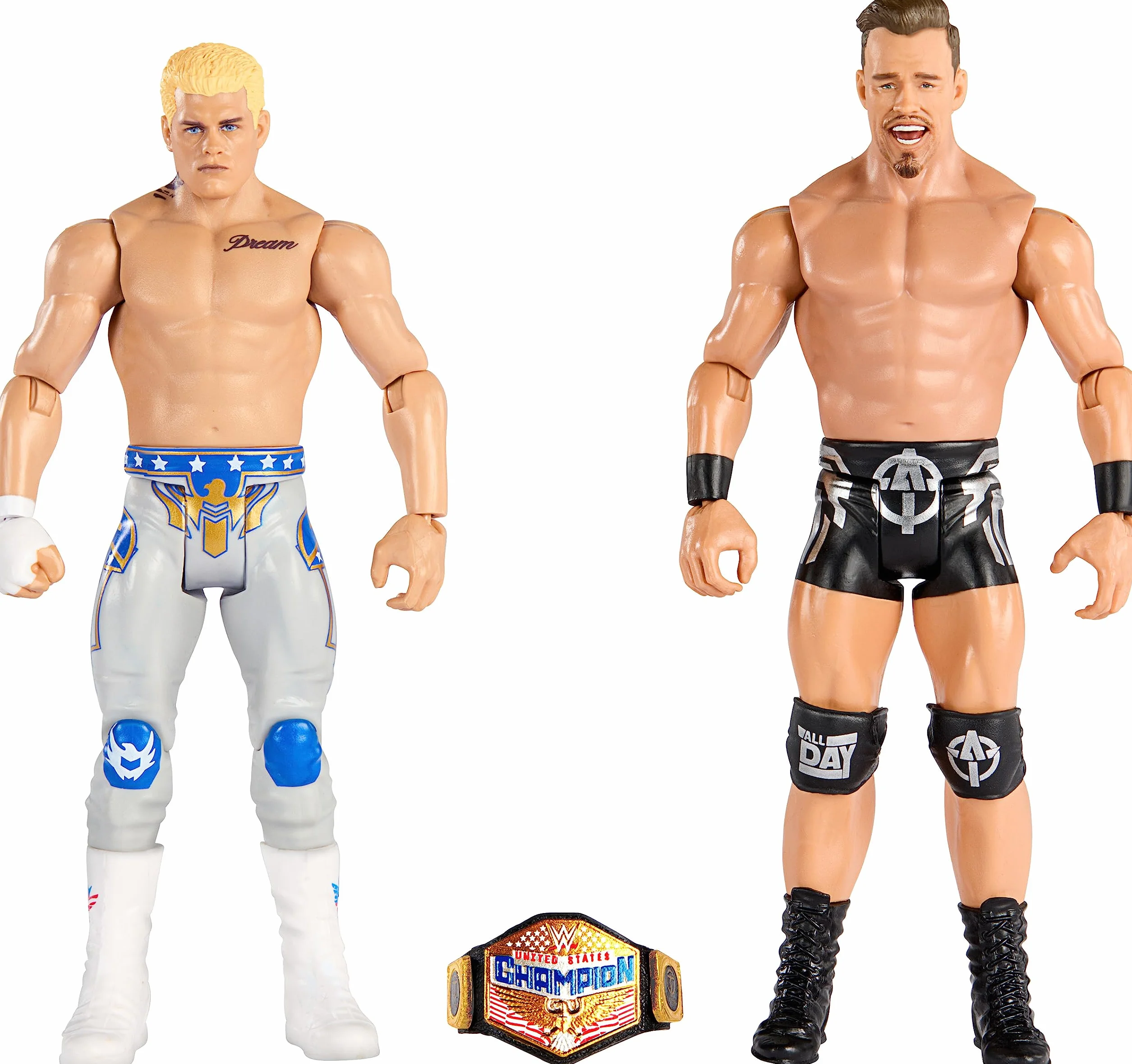Mattel WWE Moontex Ford vs Angelo Dawkins Championship Showdown Actionfigur, 2er-Pack mit The Street Profits Championship, 15,2 cm