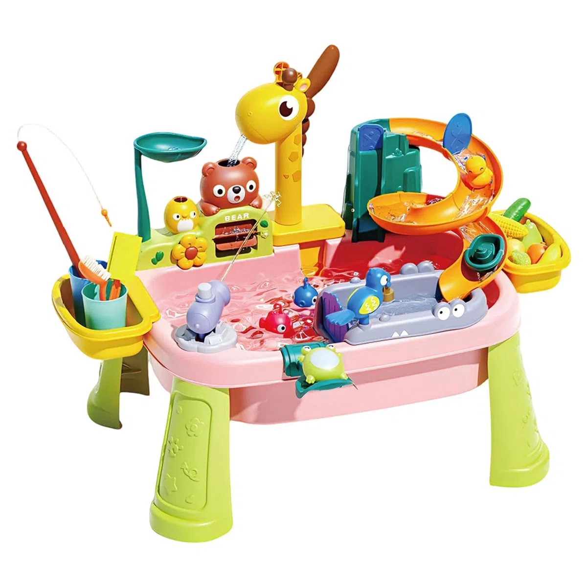 Giraffen Wassertisch Mit 17 Spielzeugzubehör 59x33x42 cm ABS Großer Wassertisch Wasserhahn Angelspiel Spielküchenspüle Fließendem Wasser Spielzeug