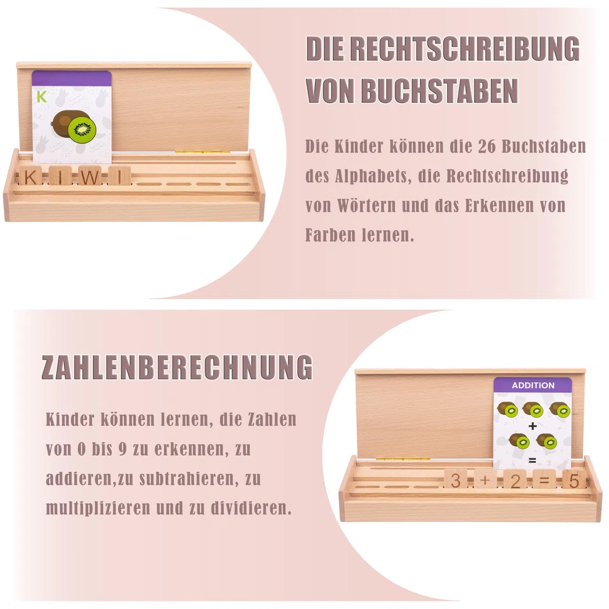 Montessori Holzspielzeug ab 3 Jahren – 3-in-1 Lernbox aus Holz: Buchstaben, Lesen Lernen, Zahlen & Rechnen – Lernspielzeug Kinder Geschenk zur Einschulung & Vorschule
