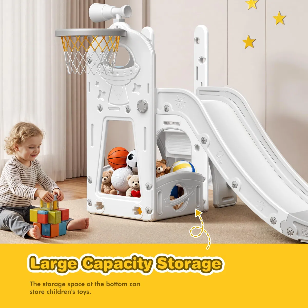 Kinder Rutsche, große Kleinkind Rutsche mit Basketballkorb, Rutsche für Kleinkinder Alter 1-3 Kleinkind Kletterer Rutsches Spielset mit Stauraum, Indoor Outdoor Spielzeug für Kleinkinder 1-3 Jahre