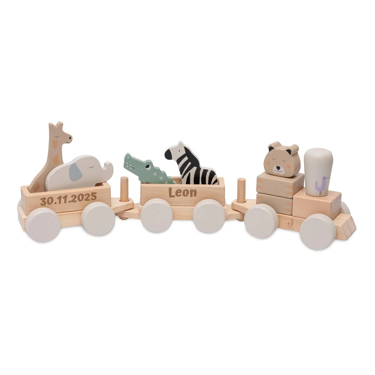 Jollein Holzzug personalisiert mit Name & Datum – FSC Holzspielzeug ab 18 Monate – Made in Germany – beidseitige Gravur – Motorikspielzeug mit Tieren