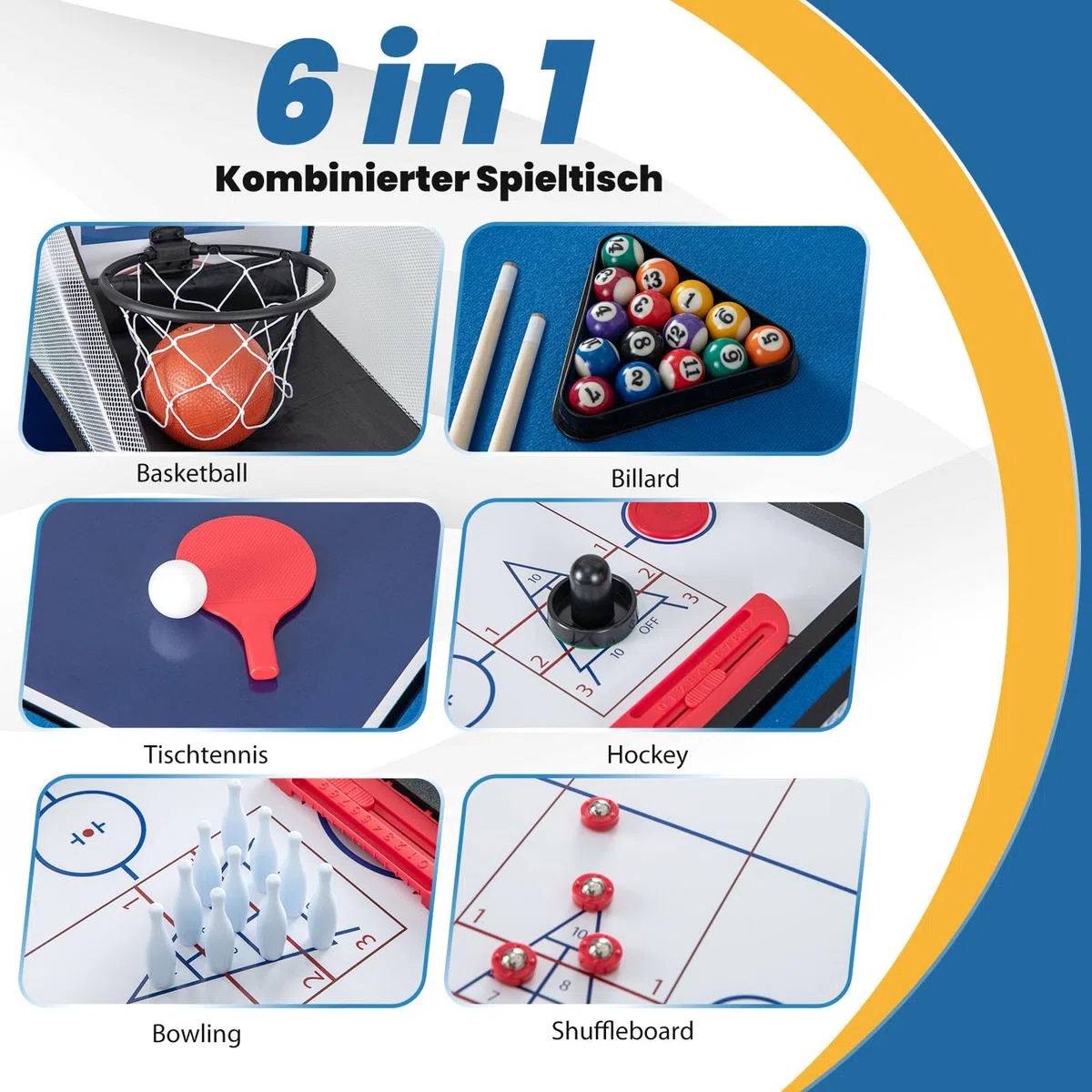 GOPLUS 6 in 1 Kombi Spieltisch, Multigame kickertisch mit Basketball, Billard, Pingpong, Hockey, Shuffleboard & Bowling für Zuhause, Kneipe & Büros, Sportspiel-Set für Kinder und Erwachsene