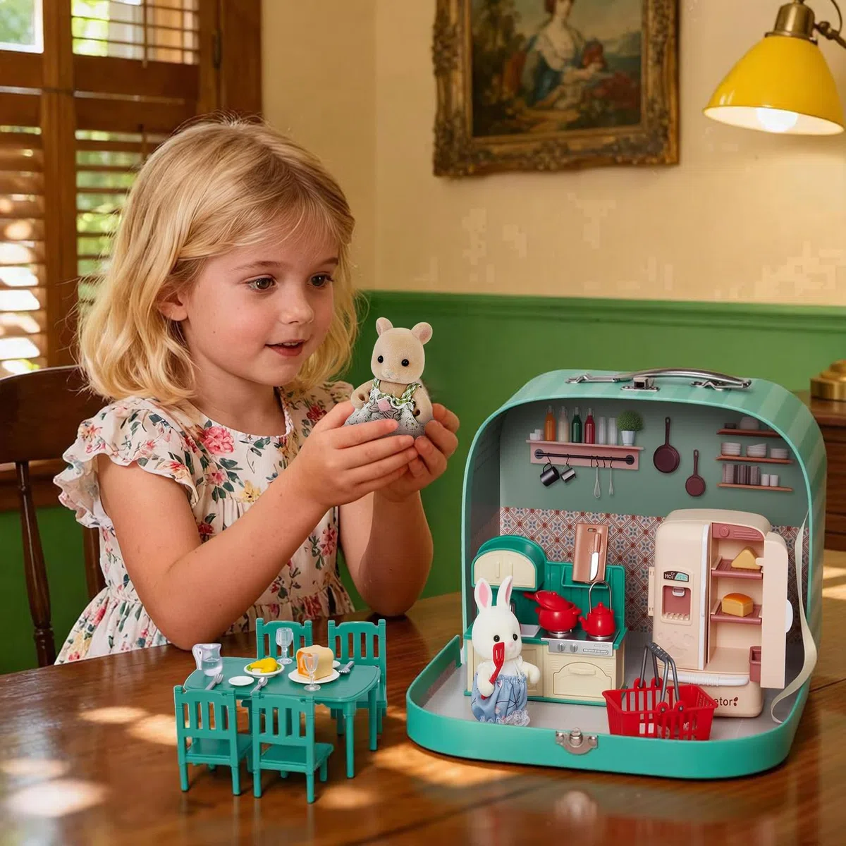 Koffer Dollhouse Tragbares Puppenhaus Möbel Zubehör DIY Miniatur Haus mit 2 Flexible Puppen, Klavier, Schlafzimmer Möbel Rollenspiel Geschenk Spielzeug für Kinder Mädchen Jungen ab 3+ (Küche)