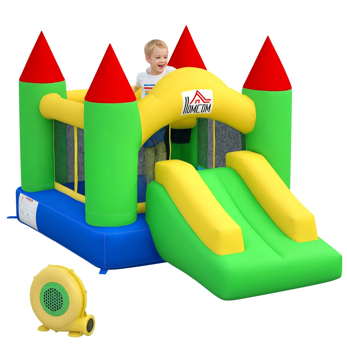 HOMCOM Hüpfburg mit Gebläse, Aufblasbare Kinderhüpfburg für Kinder 3-10 Jahre, Spielburg mit Rutsche, Trampolin, Sicherheitsnetz, Spielplatz für Indoor und Outdoor, 300 x 180 x 160 cm