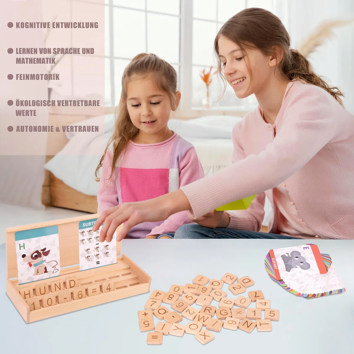 Montessori Holzspielzeug ab 3 Jahren – 3-in-1 Lernbox aus Holz: Buchstaben, Lesen Lernen, Zahlen & Rechnen – Lernspielzeug Kinder Geschenk zur Einschulung & Vorschule
