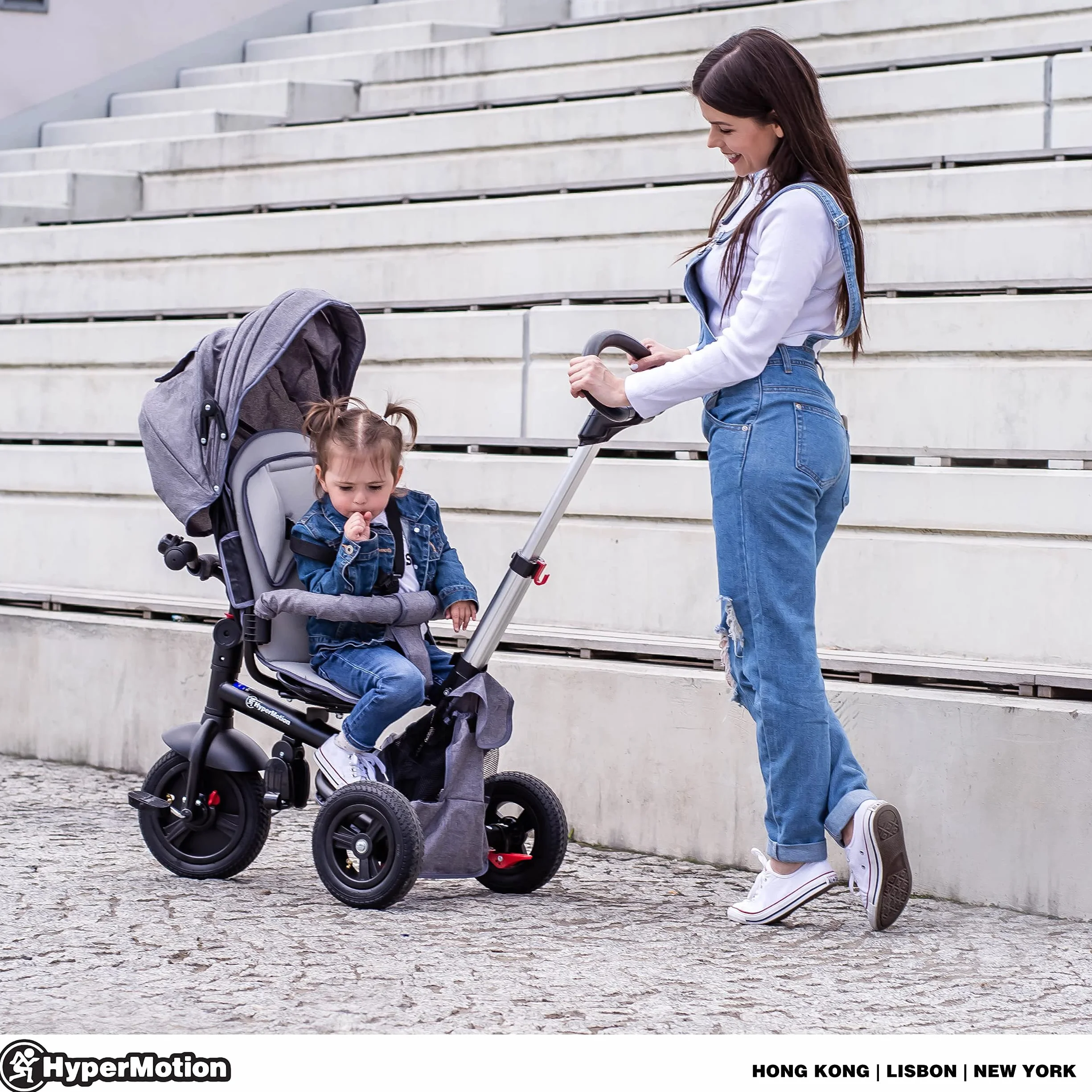 HyperMotion Tobi Velar Dreirad Kinder ab 1 Jahr mit Schubstange - Drehbarer Komfortsitz, Faltbar, Sicherheitsgurte, Gepumpte Räder, Regenmantel & Elterngriff - Grau