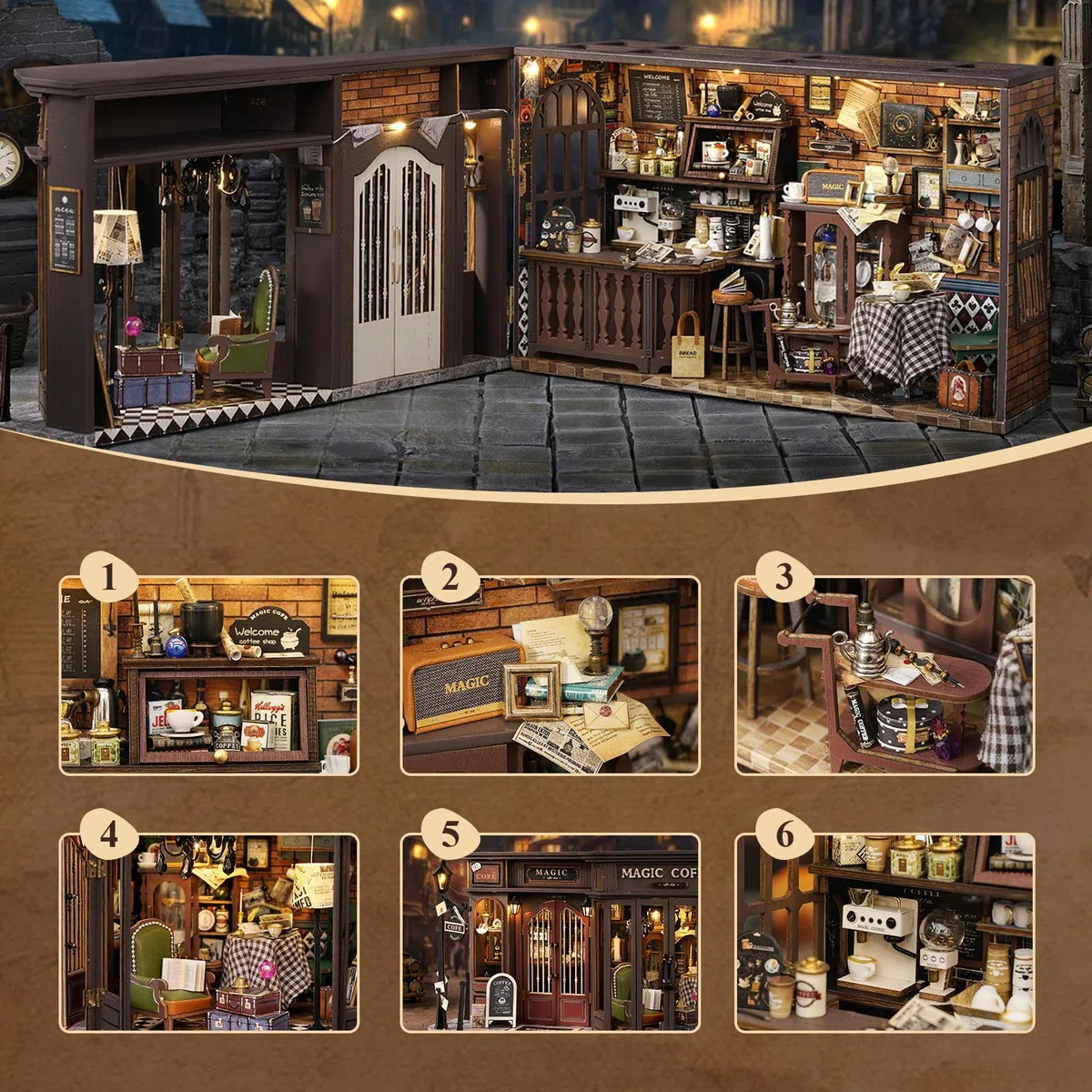 Fsolis DIY Puppenhaus aus Holz, Maßstab 1:24, Puppenhaus-Miniatur mit Möbeln und Staubschutz, handgefertigtes Handwerk, Miniatur-Puppenhaus-Set für Teenager und Erwachsene (Vintage Coffee Shop)