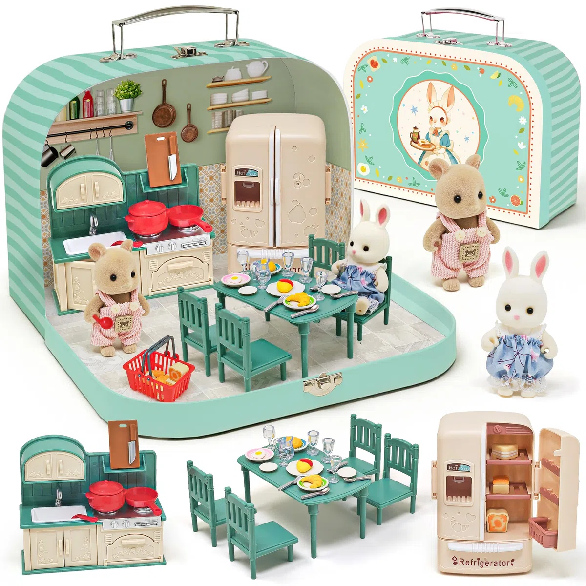 Koffer Dollhouse Tragbares Puppenhaus Möbel Zubehör DIY Miniatur Haus mit 2 Flexible Puppen, Klavier, Schlafzimmer Möbel Rollenspiel Geschenk Spielzeug für Kinder Mädchen Jungen ab 3+ (Küche)