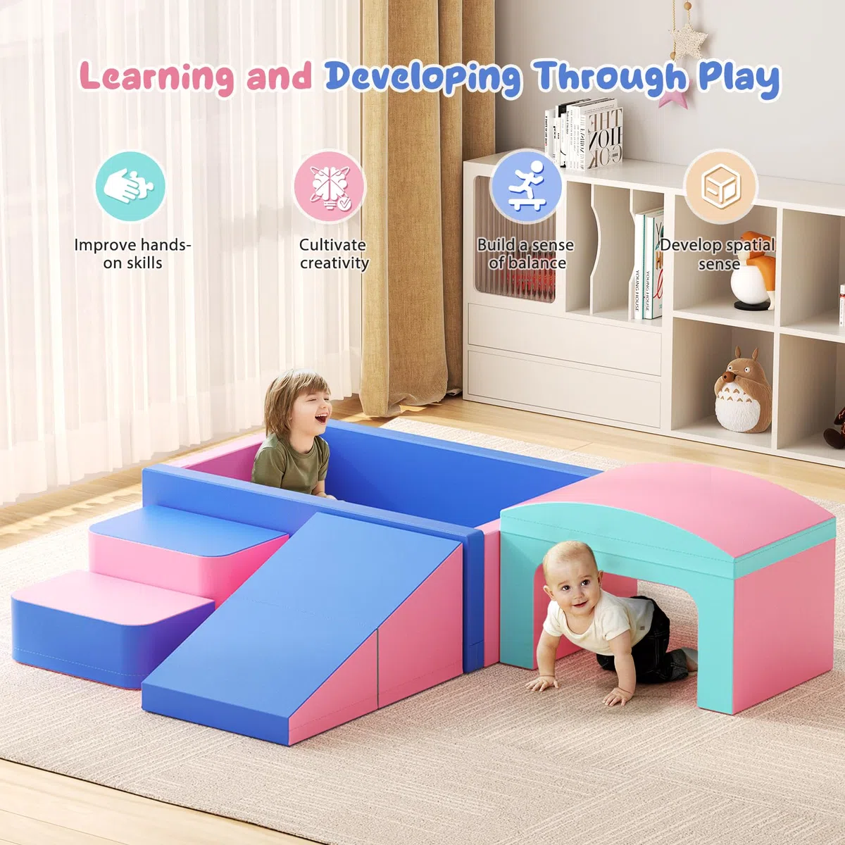 6pcs Schaumstoff Bausteine Kinder, Schaumstoff Bausteine mit Bällebad & Tunnel, weiche Softbausteine als Indoor-Klettergerüst für Kleinkinder, Rosa & Blau
