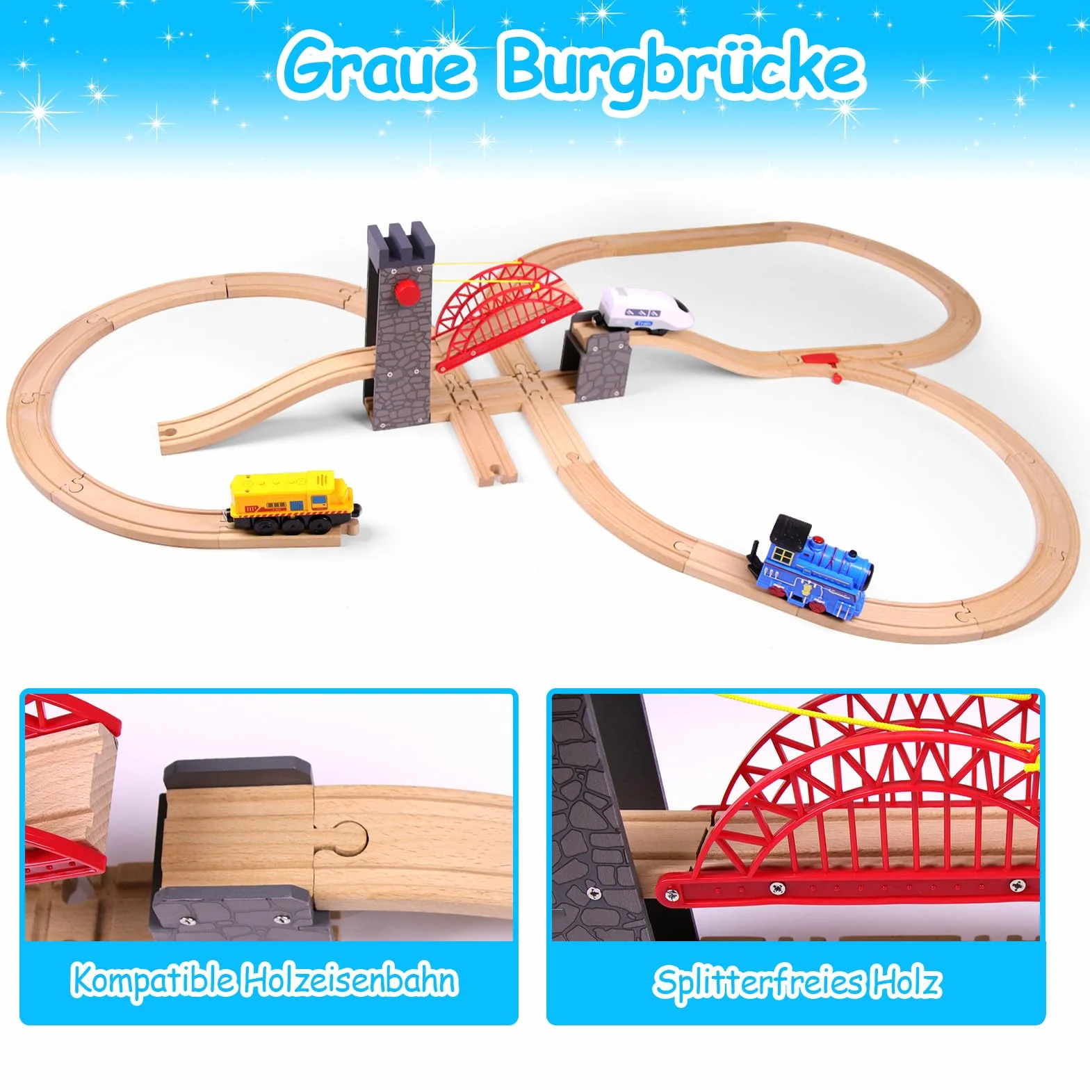 Hebebrücke für Holzeisenbahn, kompatibel mit Allen gängigen Holzeisenbahn-Systemen, Holzschienen-Zubehör, für Kinder ab 3 Jahren