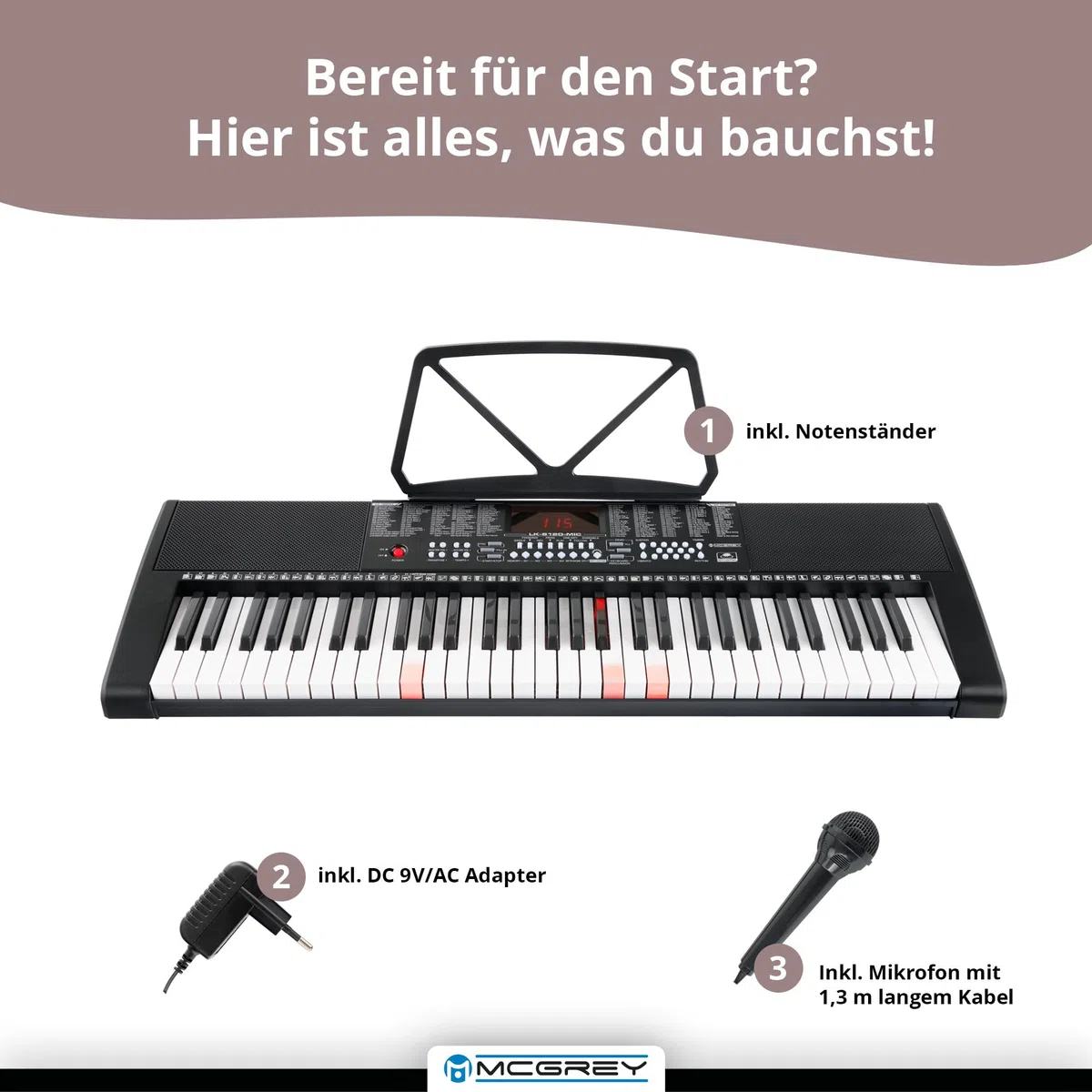 McGrey LK-6120-MIC Keyboard Set - Einsteiger-Keyboard mit 61 Leuchttasten - 255 Sounds und 255 Rhythmen - 50 Demo Songs - Inklusive Mikrofon - Spar-Set inkl. X-Keyboardständer und Kopfhörer - Schwarz