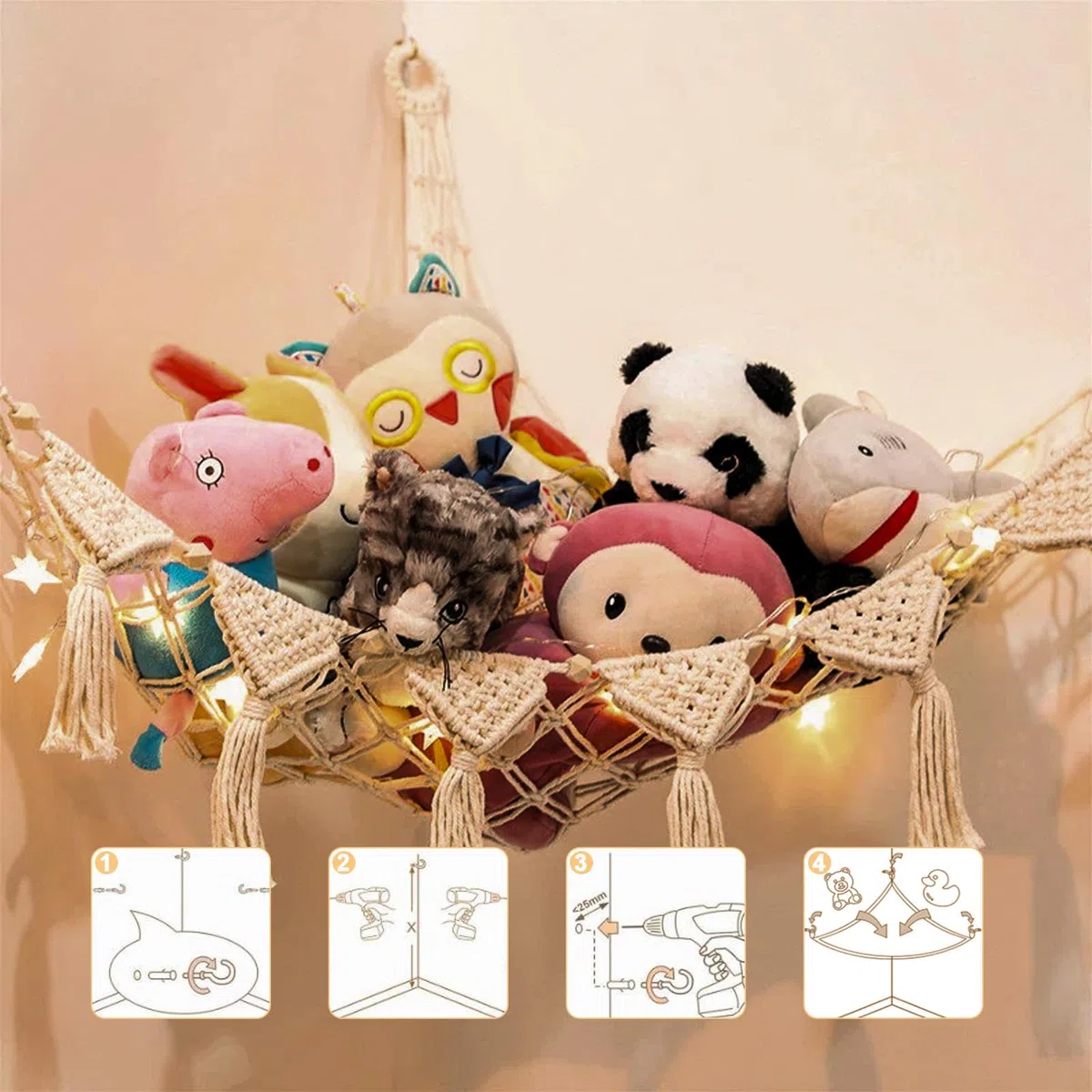 Kuscheltier Aufbewahrung Netz, Stofftier Aufbewahrung Netz für Hängematte, Boho Stofftier Hängematte Spielzeug Organizer, Kuscheltier Netz Kuscheltiernetz für Kuscheltiere Plüschtier Aufbewahrung
