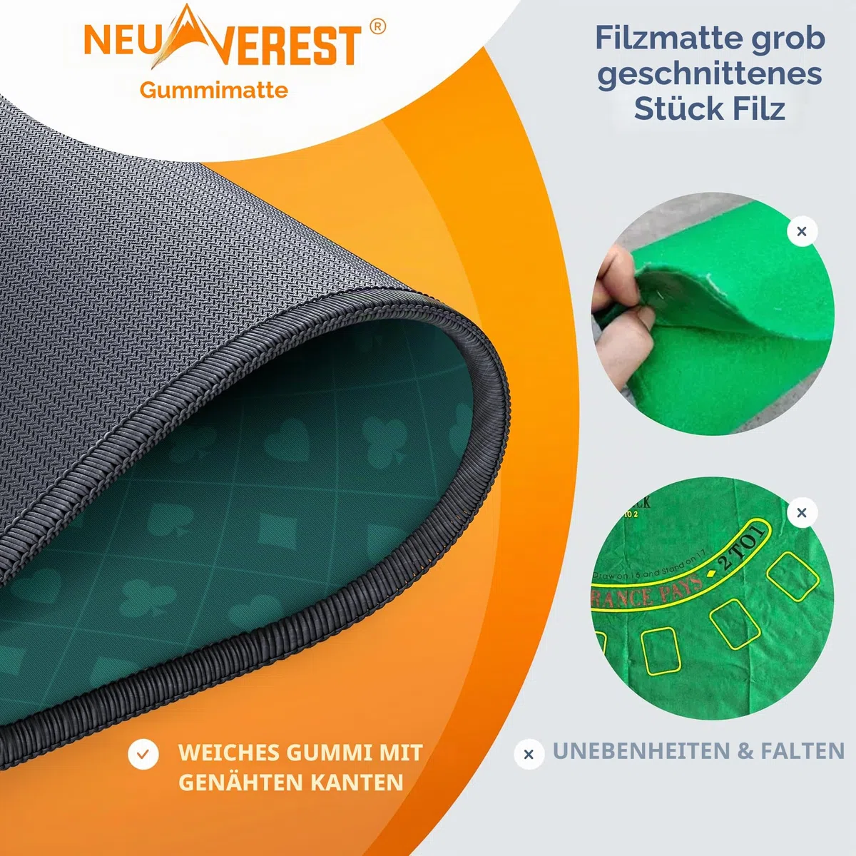 Newverest Blackjack Tischmatte 180 x 90 cm – Casino Tischauflage für Spielabende zu Hause mit Freunden | Poker- & Blackjack- Matte mit Reißverschlusstasche, 8 Untersetzer & Geschenkbox
