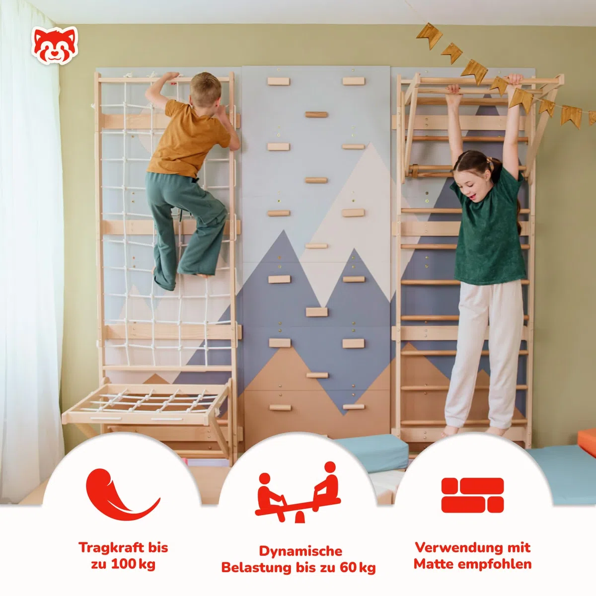 Wood And Hearts Sprossenwand, Klettergriffe, Kletterwand kinderzimmer, Klettern, Indoor Spielplatz, Klettersteine, Baby Klettern Indoor, Spielplatz (Kletterwand-Gym + Sit-Up-Stange)