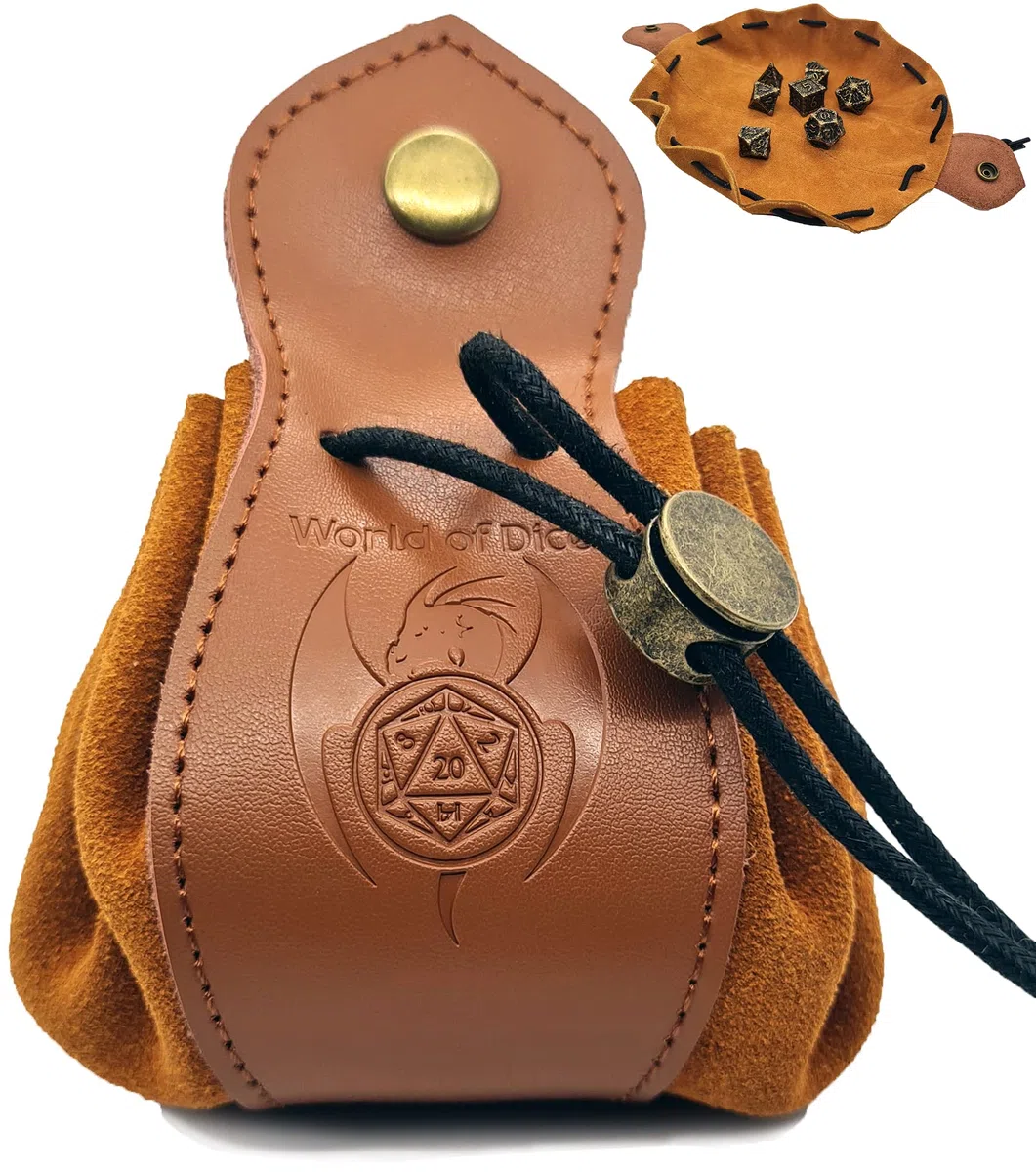 World of Dice - 2in1 Würfelbeutel und Würfelunterlage - Kunstleder, braun, Würfeltasche für DND Würfel