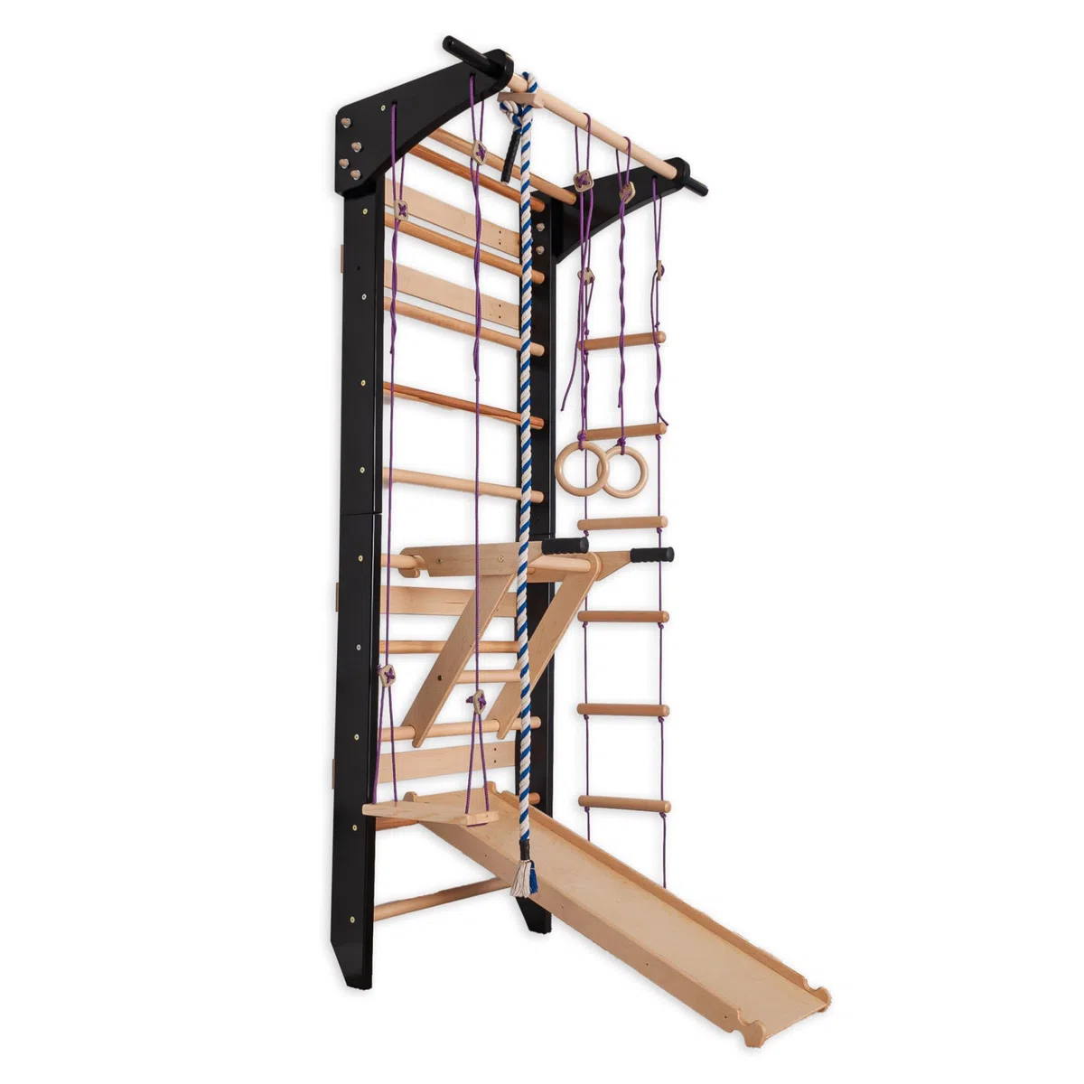 Sprossenwand Holz mit Rutsche & Schaukel - Indoor Klettergerüst für Kinder & Erwachsene - Turnwand mit Kletterbrett & Zubehör - Massiv bis 150kg (Schwarz)