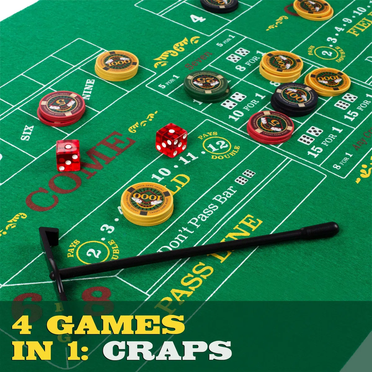 Brybelly Casino Night 4-in-1 Komplettes Spielset mit Filz, Rad, 100 Chips, Würfel & Karten für Blackjack, Craps, Roulette & Texas Hold'em - Grüner Filz Doppelseitige Casino Tischplatte Gamingmatte