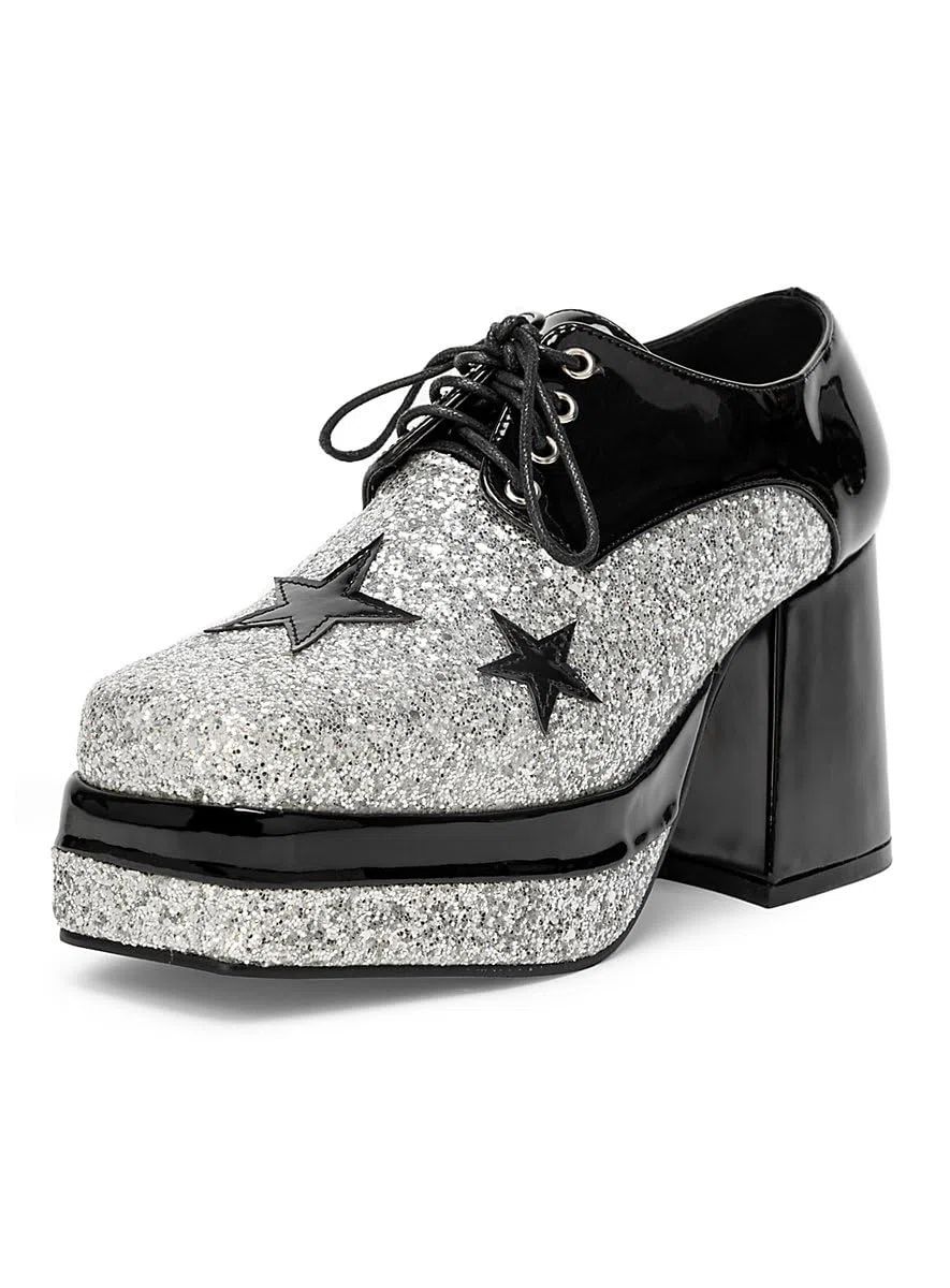 Disco Plateau-Schuhe für Herren - schwarz-Silber- Wet-Look - Schuhgröße: 42-43