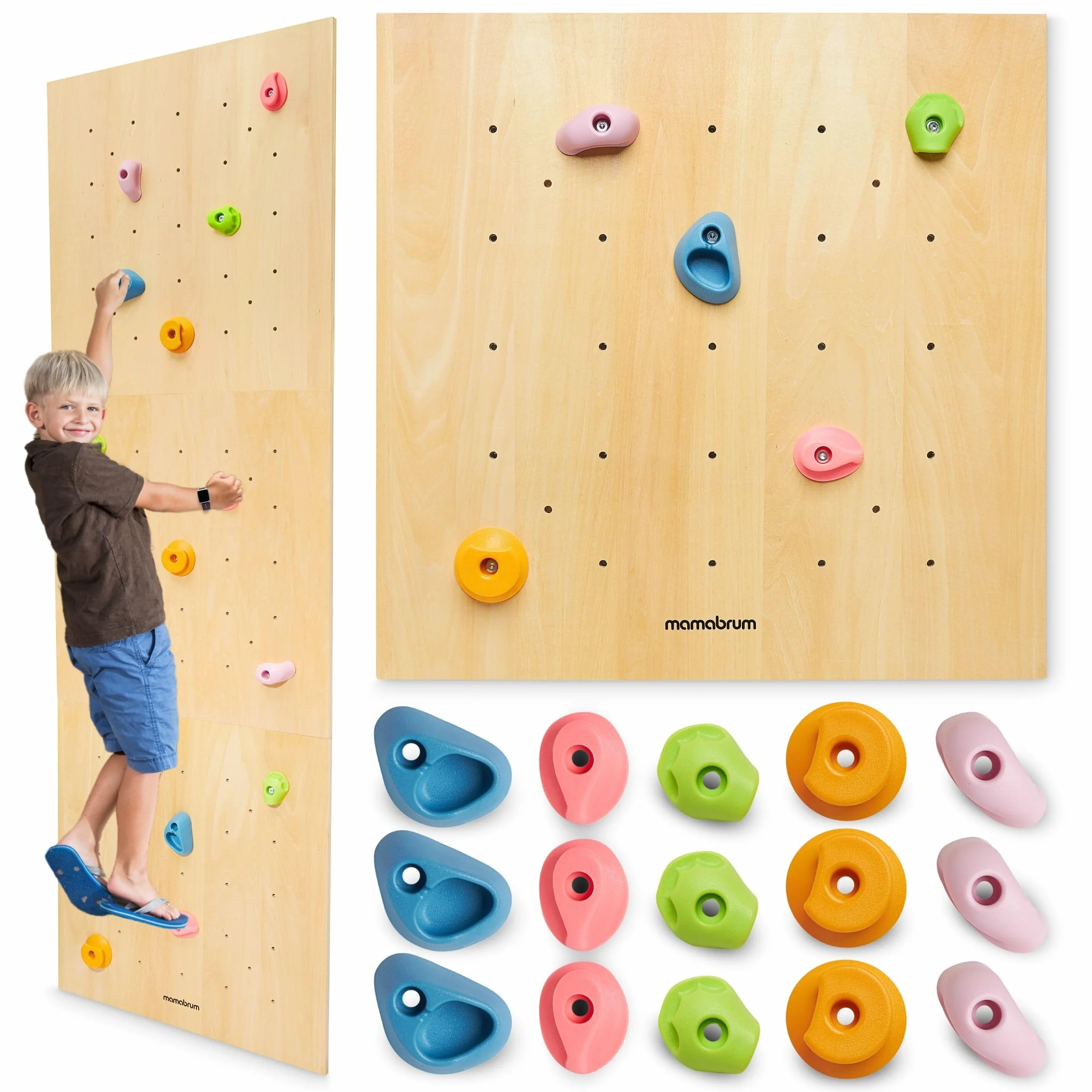 Mamabrum Holzkletterwand für Kinder mit 15 Griffen - 3 Montagepaneele mit Verstellbarkeit - Für Kinderzimmer - Max 100 kg - Ab 3 Jahre - Aktiver Homespaß