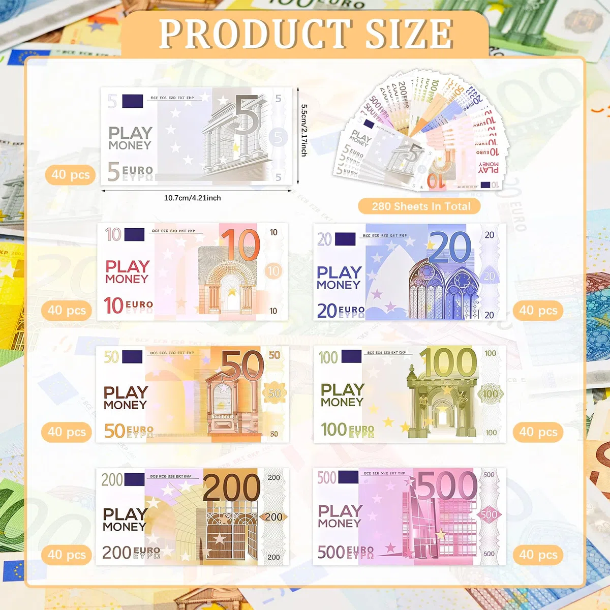 280 Stück Spielgeld Set, Spielgeld Scheine für Spiel | 5/10/20/50/100/200/500, 40 Blatt pro Blatt, Prop Money
