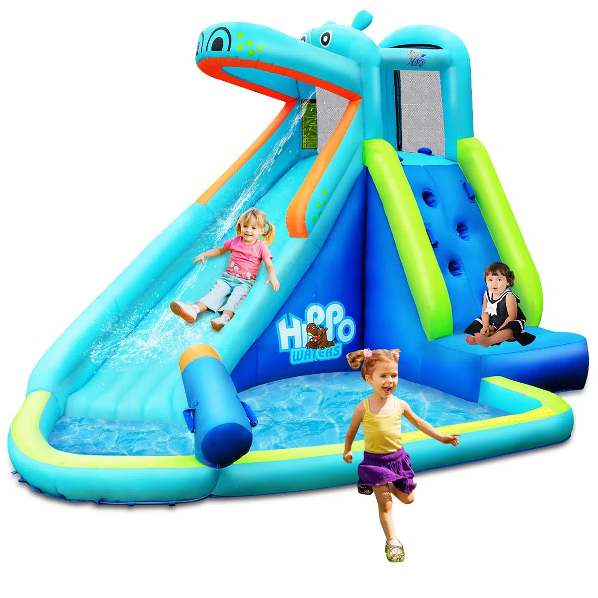 COSTWAY Hüpfburg aufblasbar, Wasserrutsche Aufblasbare Spielpool, Wasserspielcenter mit Rutsche, Wasserpark Planschbecken 350x300x225cm
