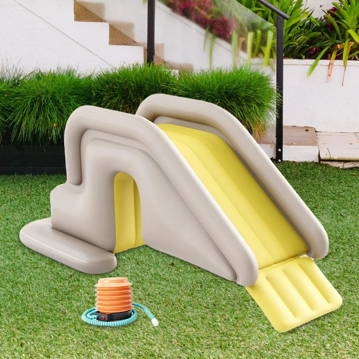 Aufblasbare Rutsche mit Einfachem Aufbau Verbreiterte Wasserrutschbahn Aus PVC Praktische Kinderkletterrutsche mit Wasserfüllbarer Stabilisierung, GRAU