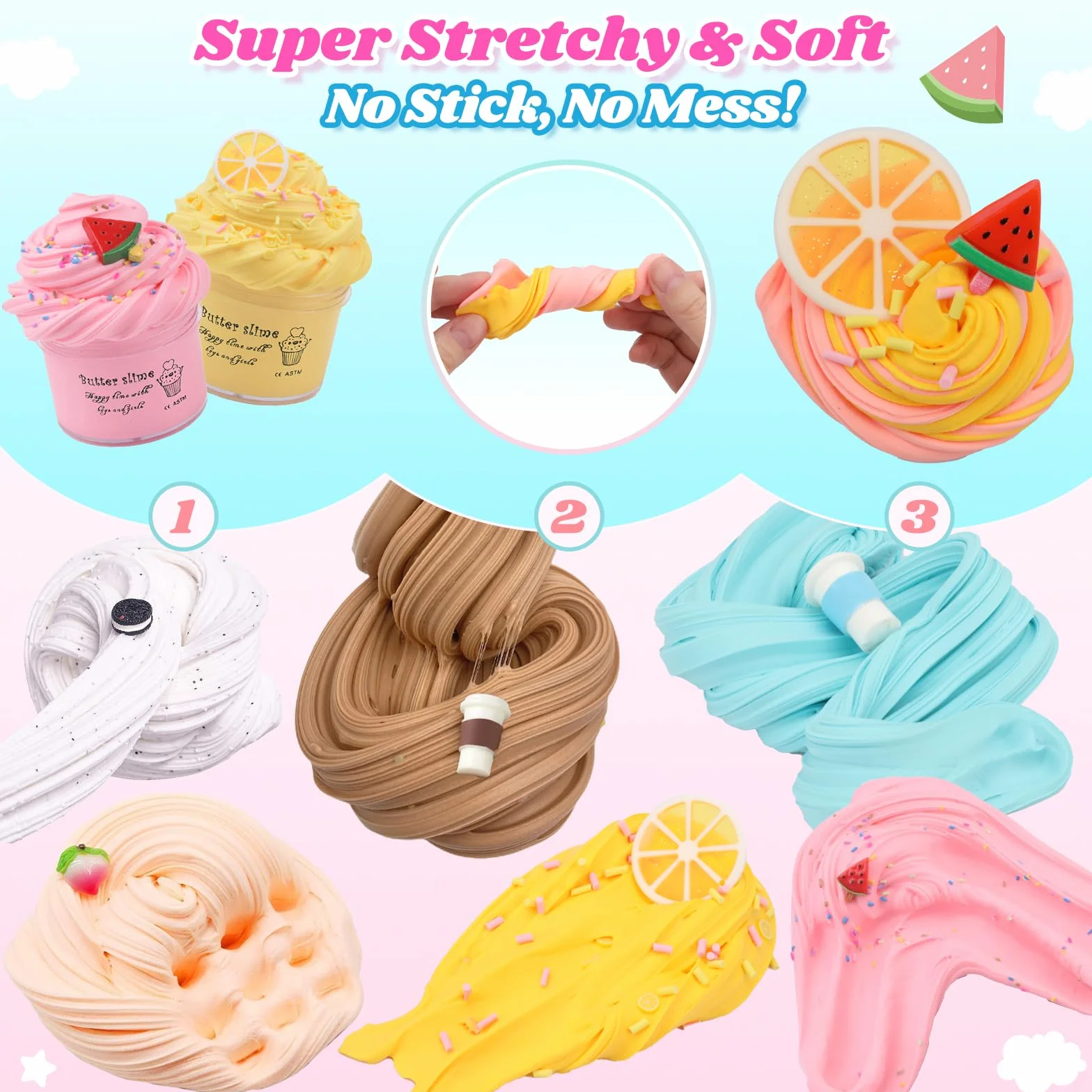 6er-Pack Butter-Slime-Set für Kinder – Duftendes DIY-Schleim-Spielzeug für Mädchen & Jungen ab 3 4 5 6 7 8 9 10 11 12 Jahren – Süßes Preppy-Zubehör – Geschenkidee für Teenager, Geburtstage, Party-Mitg