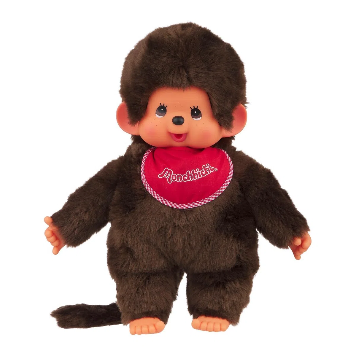 Sekiguchi Monchhichi Junge Plüschtier 45 cm braun rotes Lätzchen Zöpfen Schleifen