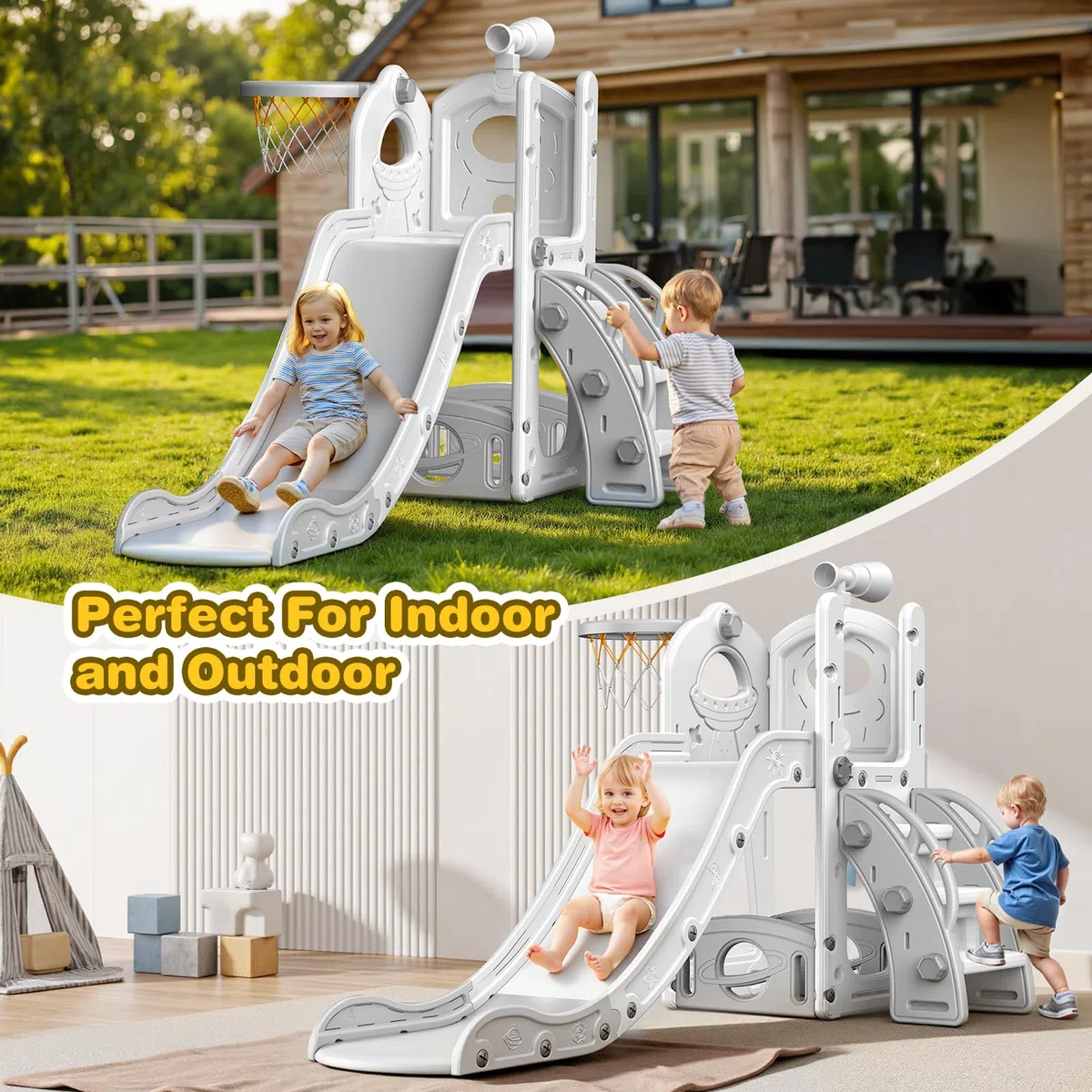 Kinder Rutsche, große Kleinkind Rutsche mit Basketballkorb, Rutsche für Kleinkinder Alter 1-3 Kleinkind Kletterer Rutsches Spielset mit Stauraum, Indoor Outdoor Spielzeug für Kleinkinder 1-3 Jahre