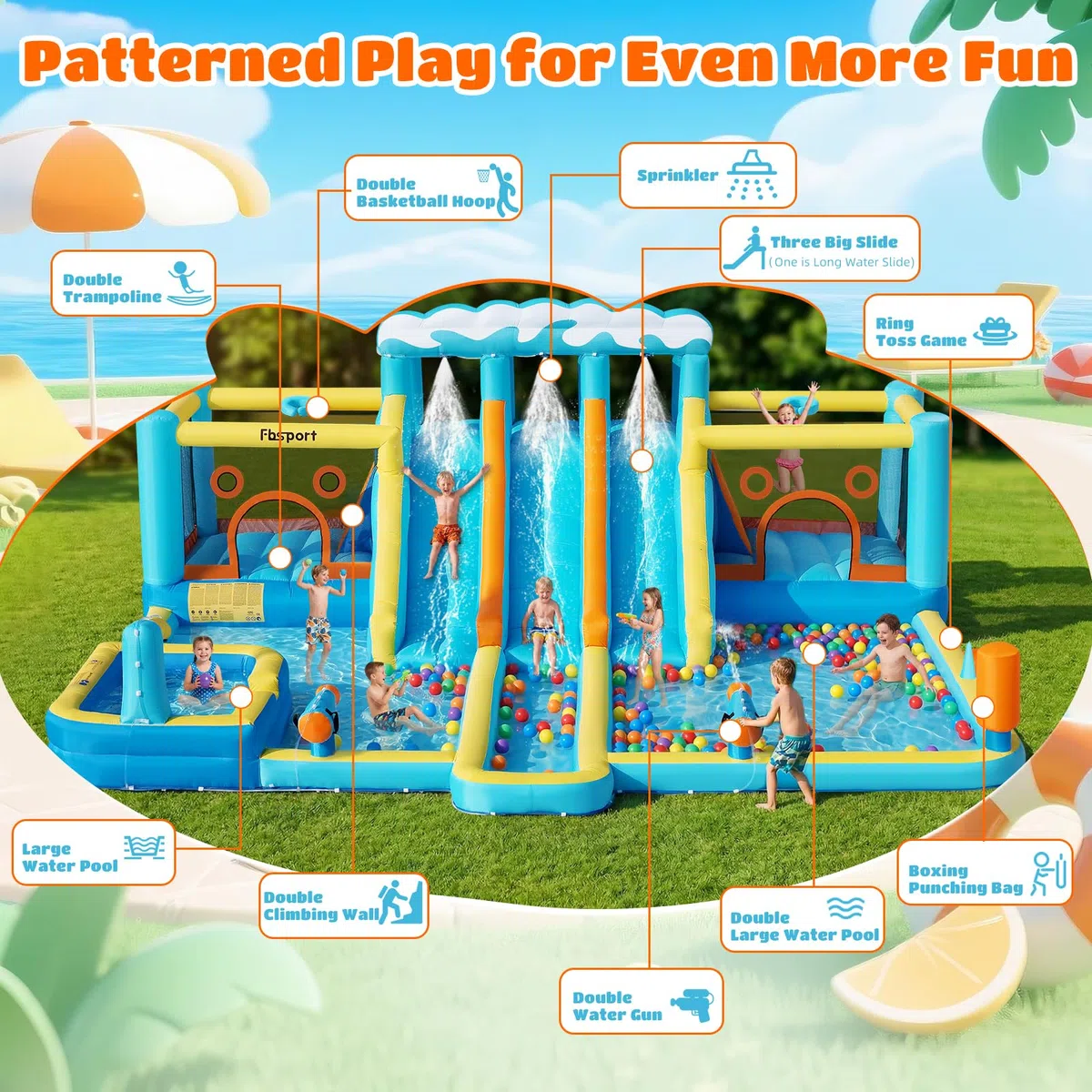 FBSPORT Hüpfburg & Wasserrutsche, 10-in-1 Wasserpark mit 3 Gleiten, 2 Sprungzonen & Kletterwand, 950W Gebläse, Gartenanlage mit Wasserwaffe, Planschbecken & Spielzubehör