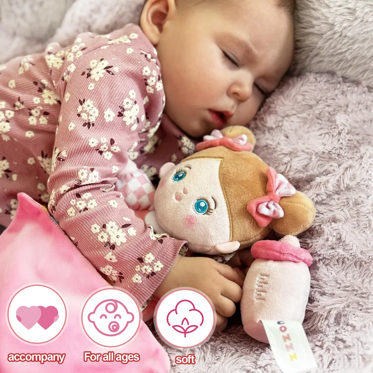 OUOZZZ Baby Puppe, Weiche Stoffpuppe mit Kleidung, Rosa Tulpe Mini-Puppe Kuschelpuppe für Kinder ab 3 Monaten - Baby Geschenk zur Geburt Mädchen Jungen, 25cm
