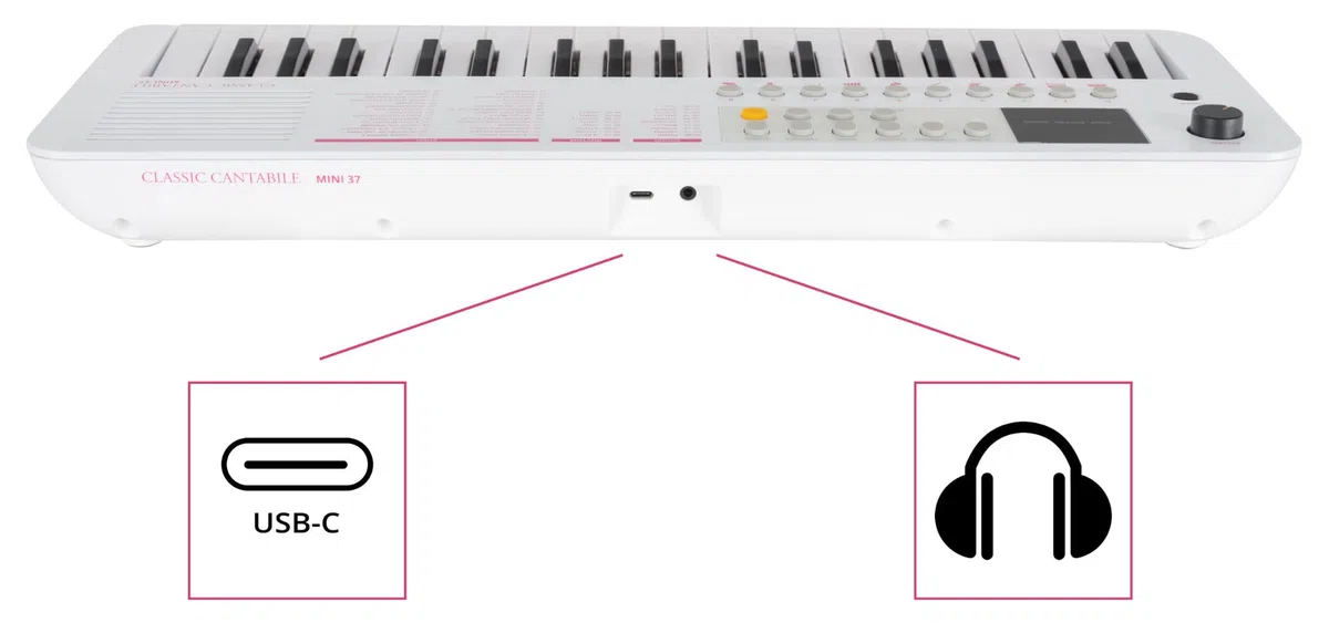 Classic Cantabile MINI-37 Keyboard - 37 Mini-Tasten - Stromversorgung über USB-C oder Batterien - 100 Sounds und Rhythmen - USB-MIDI - Lautsprecher und Kopfhörerausgang - weiß-pink