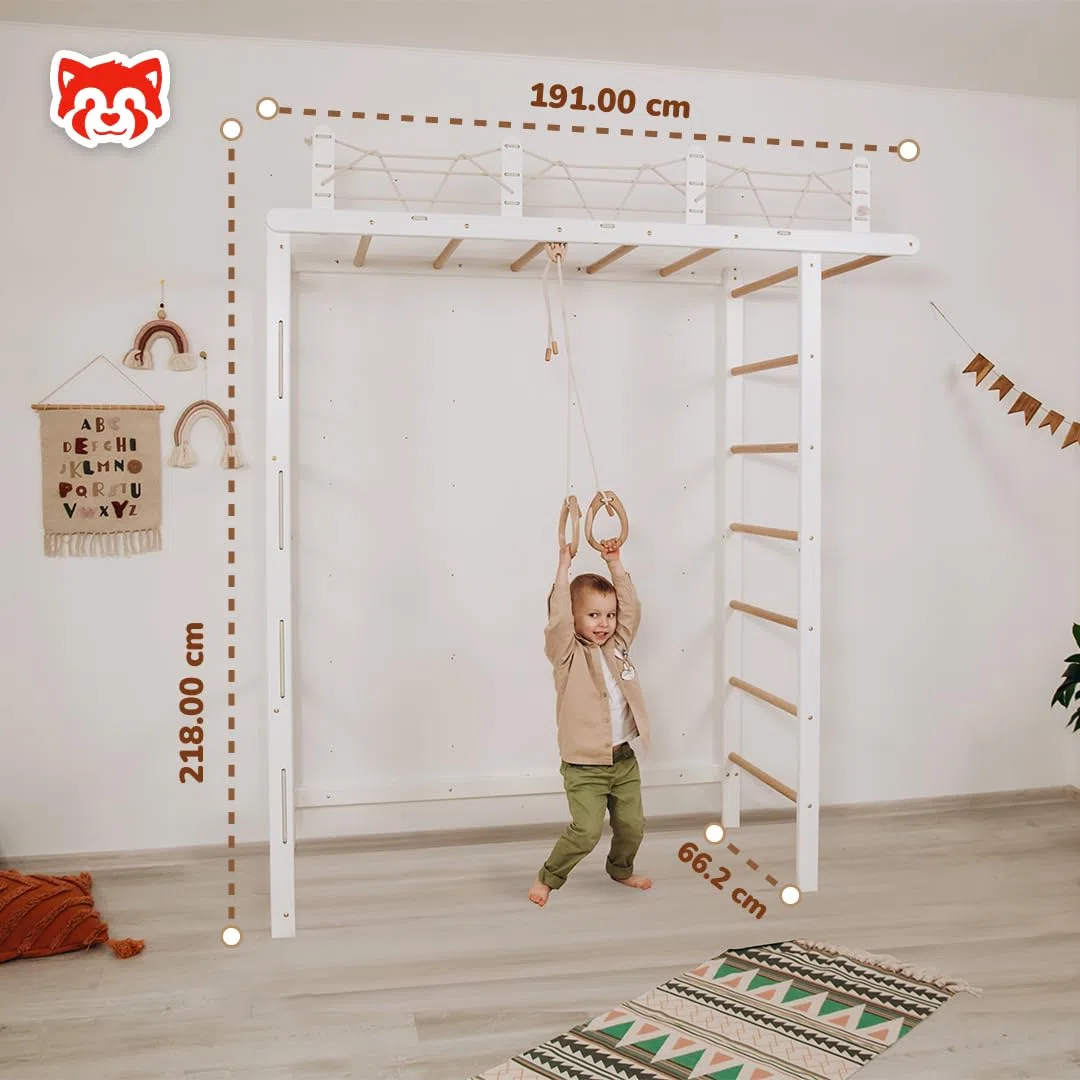 Wood And Hearts Drinnen Schwedische Leiter, Klettergerüst Indoor, Indoor Kletterwand Kinder, Turngeräte in Weiß und natürliche Holzfarbe mit Paar Gymnastikringe
