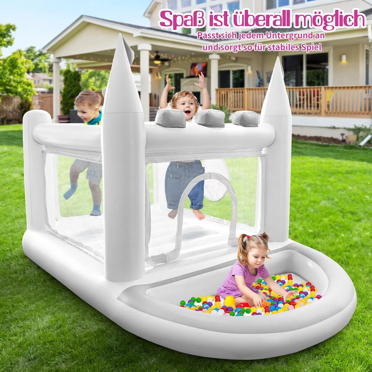Aufblasbare PVC-Hüpfburg für Kinder 3-8 Jahre, 5-in-1 Outdoor Hüpfburg mit Hüpfbereich, Kugelpool, Basketballkorb, Ringen & Zielspiel, inkl. Pumpe, Weiß