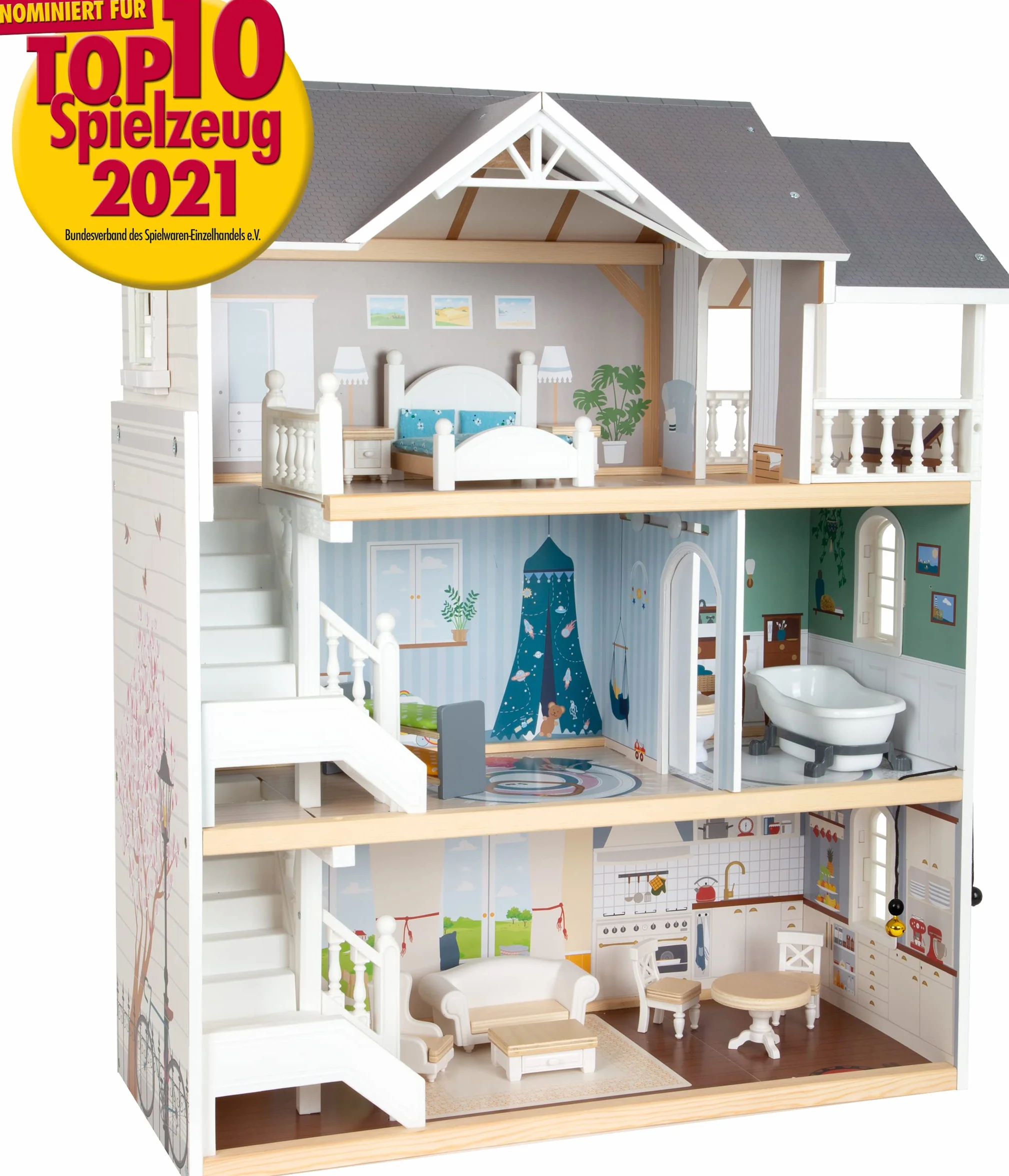 Small Foot Puppenhaus Stadtvilla aus Holz, mit 3 Etagen, offener Front und 12 Möbeln, für Kinder ab 3 Jahren, 11802, Weiß Grau | 3 Etagen, Offene Front, 12 Möbel, Für Kinder ab 3 Jahren