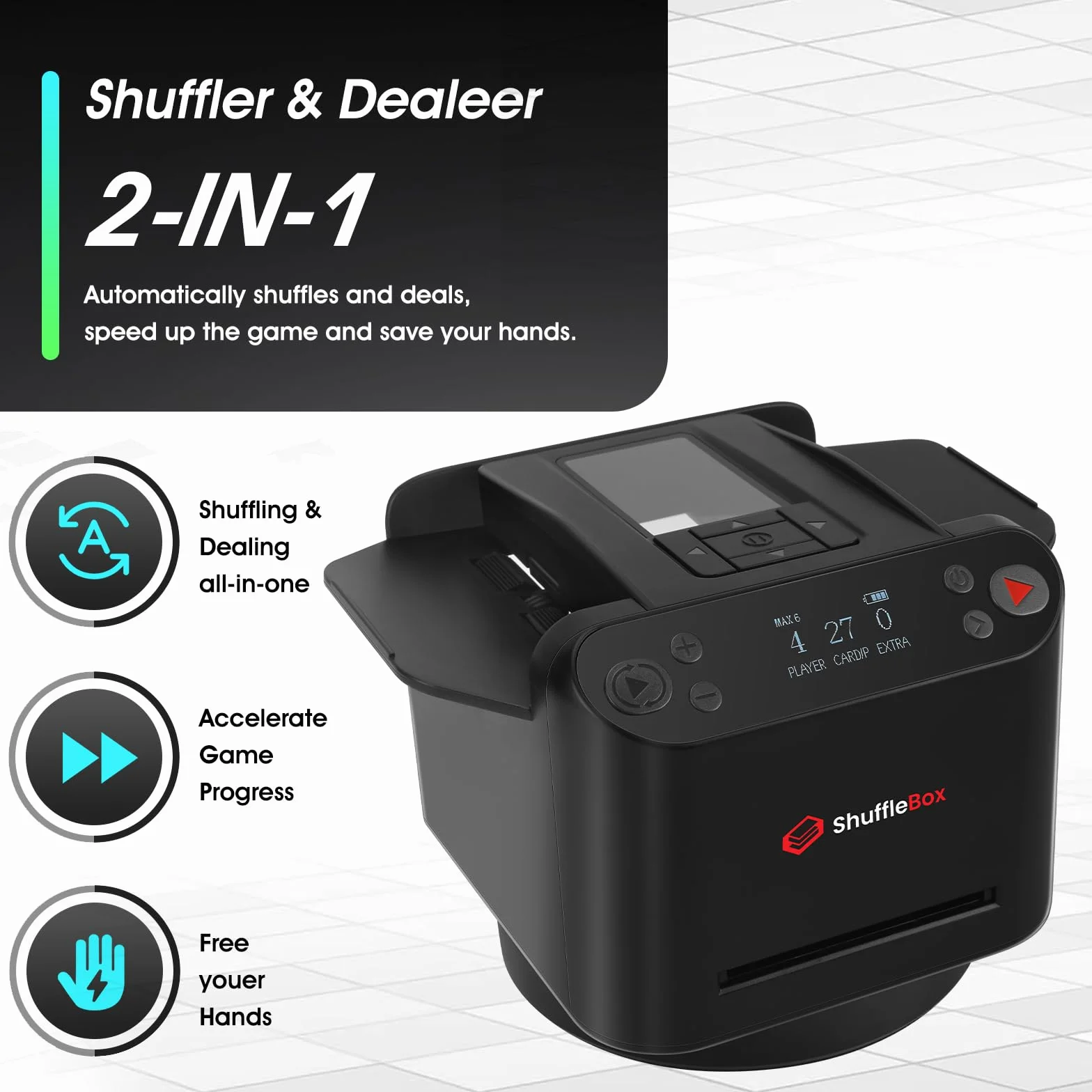 ShuffleBox G1 Pro Automatische Kartenmischer und Kartensender 2 in 1,Ultra leise,für UNO, Taco Cat Ziegenkäse Pizza, fünf Kronen, Monopoly Deal, Bycicle und Maverick Karte (Schwarz)