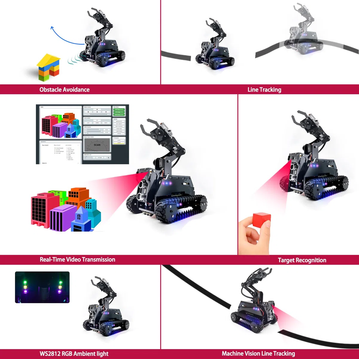 Adeept RaspTank Smart Robot Car Kit for Raspberry Pi 5/4/3B/3B+(Board Not Included),Tank Tracked Robot with 4-DOF Robotic Arm,Obstacle Avoidance,Line Tracking,USB-C Charging,with Digital Tutorials